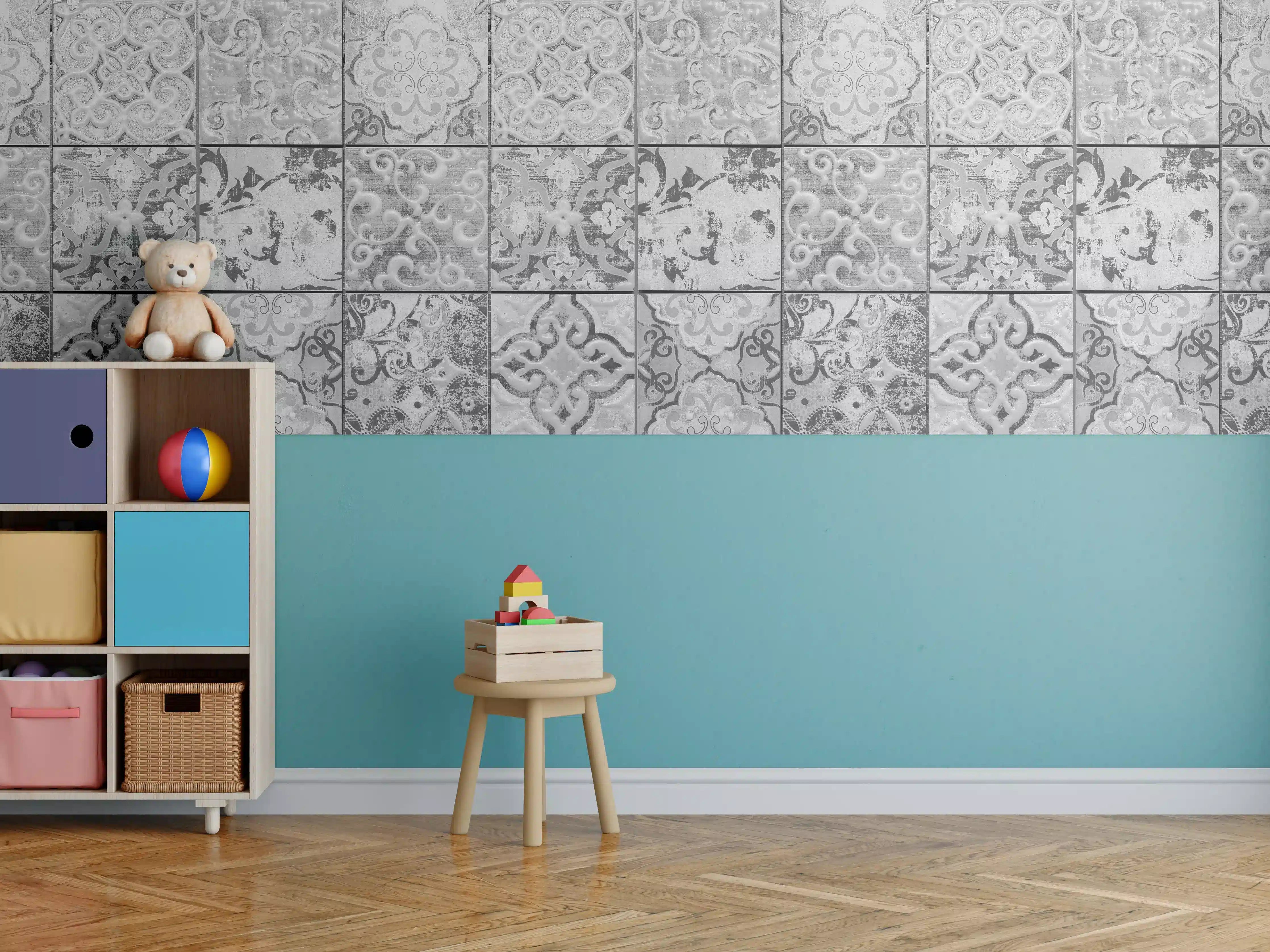 Kinderzimmer Wandgestaltung - Graue rechteckige Vintage Zementwand