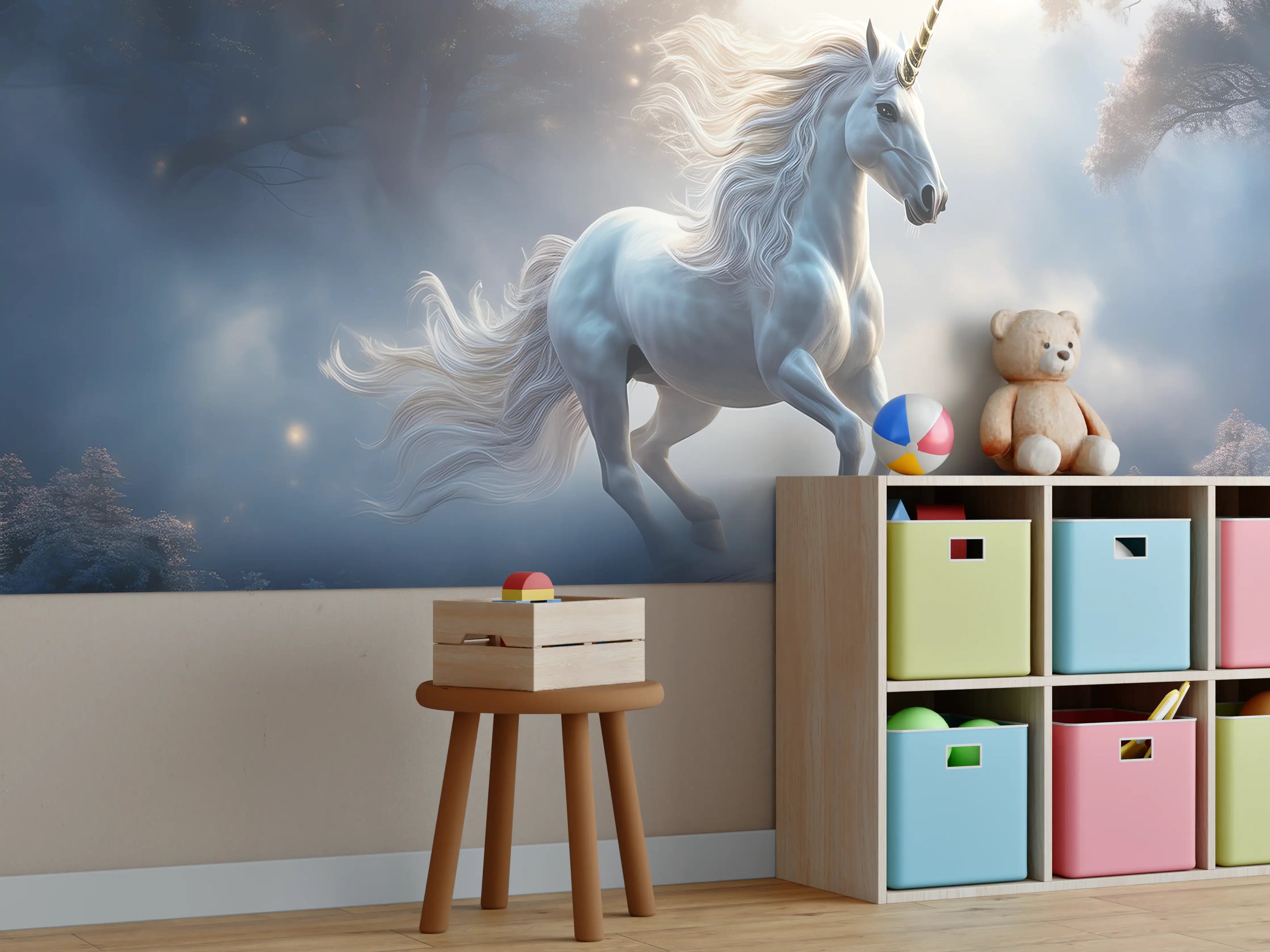 Kinderzimmer Wandgestaltung - Grauer Einhorn-Traumurlaub
