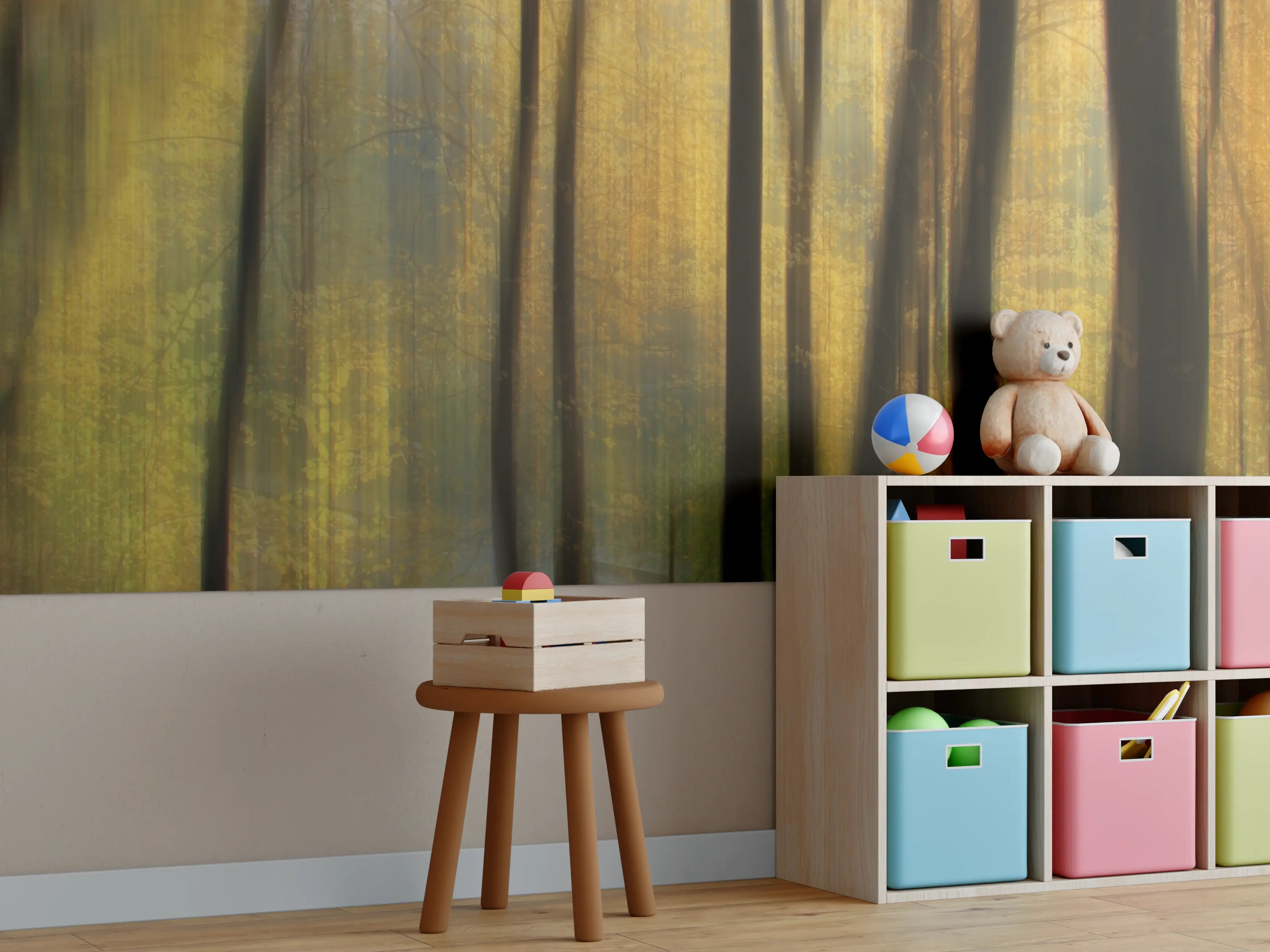Kinderzimmer Wandgestaltung - Grauer Herbstwald mit goldenen Blättern