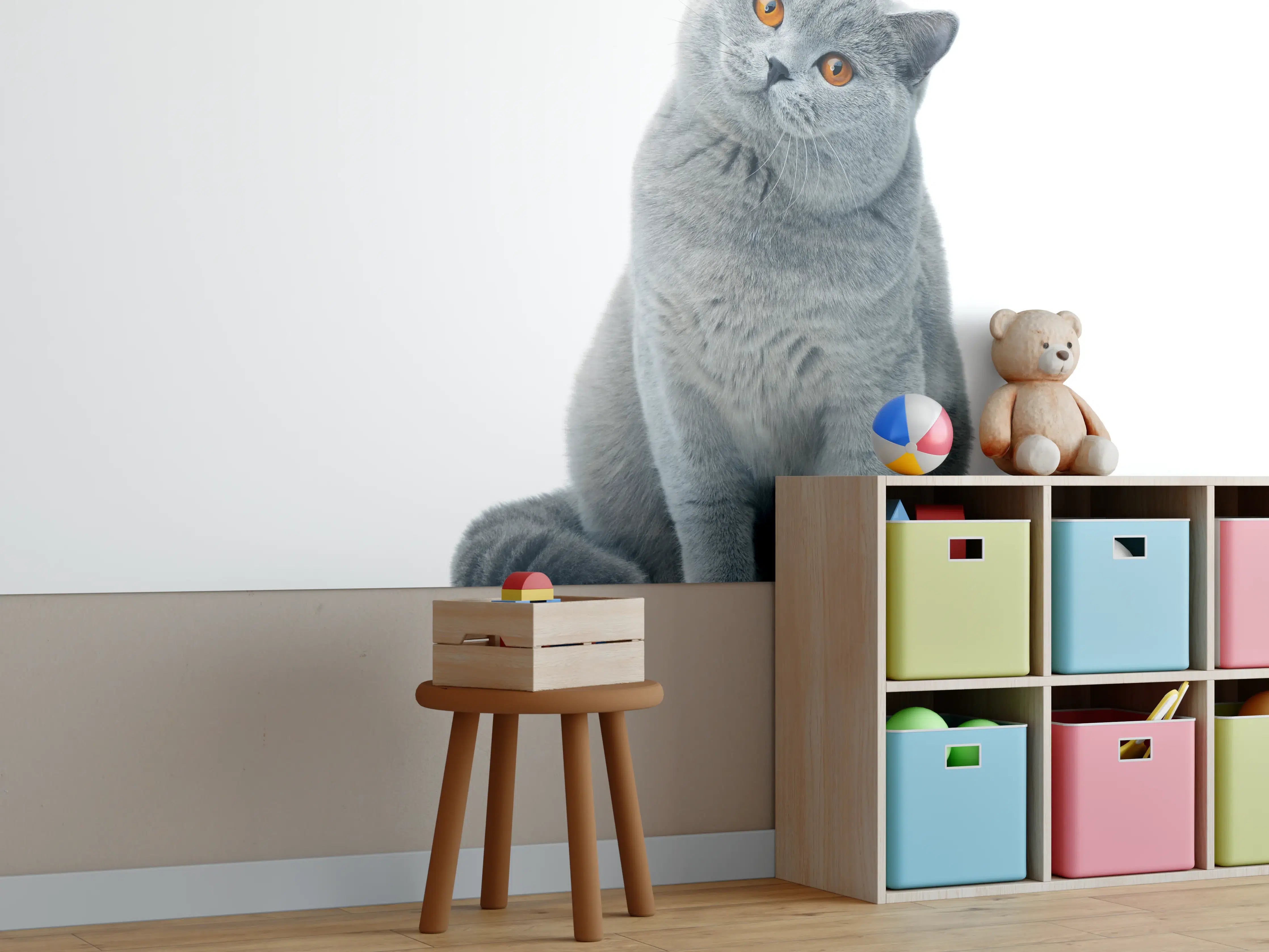Kinderzimmer Wandgestaltung - Grauer Katzenkopf auf Weiß