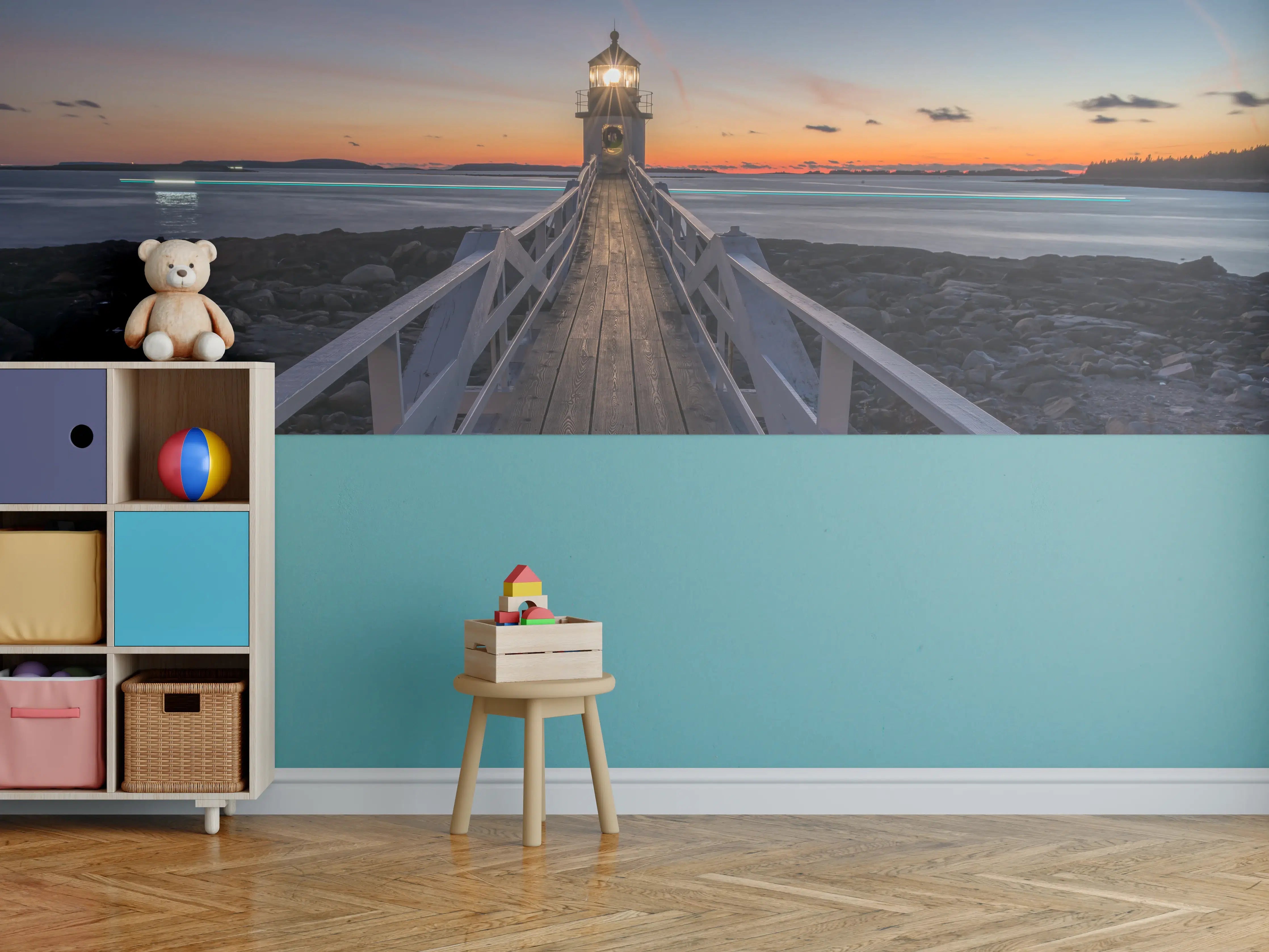 Kinderzimmer Wandgestaltung - Grauer Leuchtturm im Abendlicht