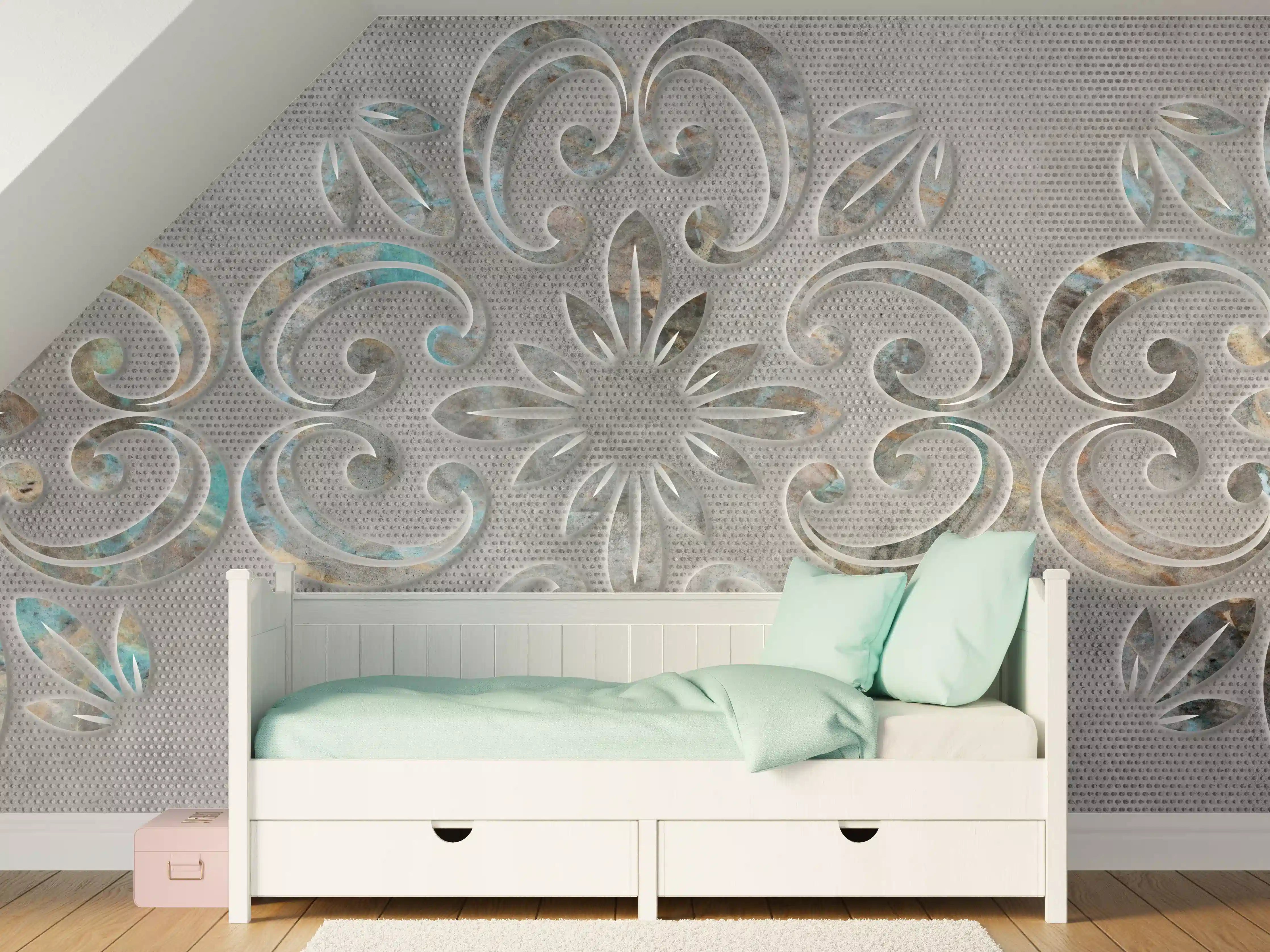 Kinderzimmer Wandgestaltung - Graues Ornamentmuster - Zementwandtextur