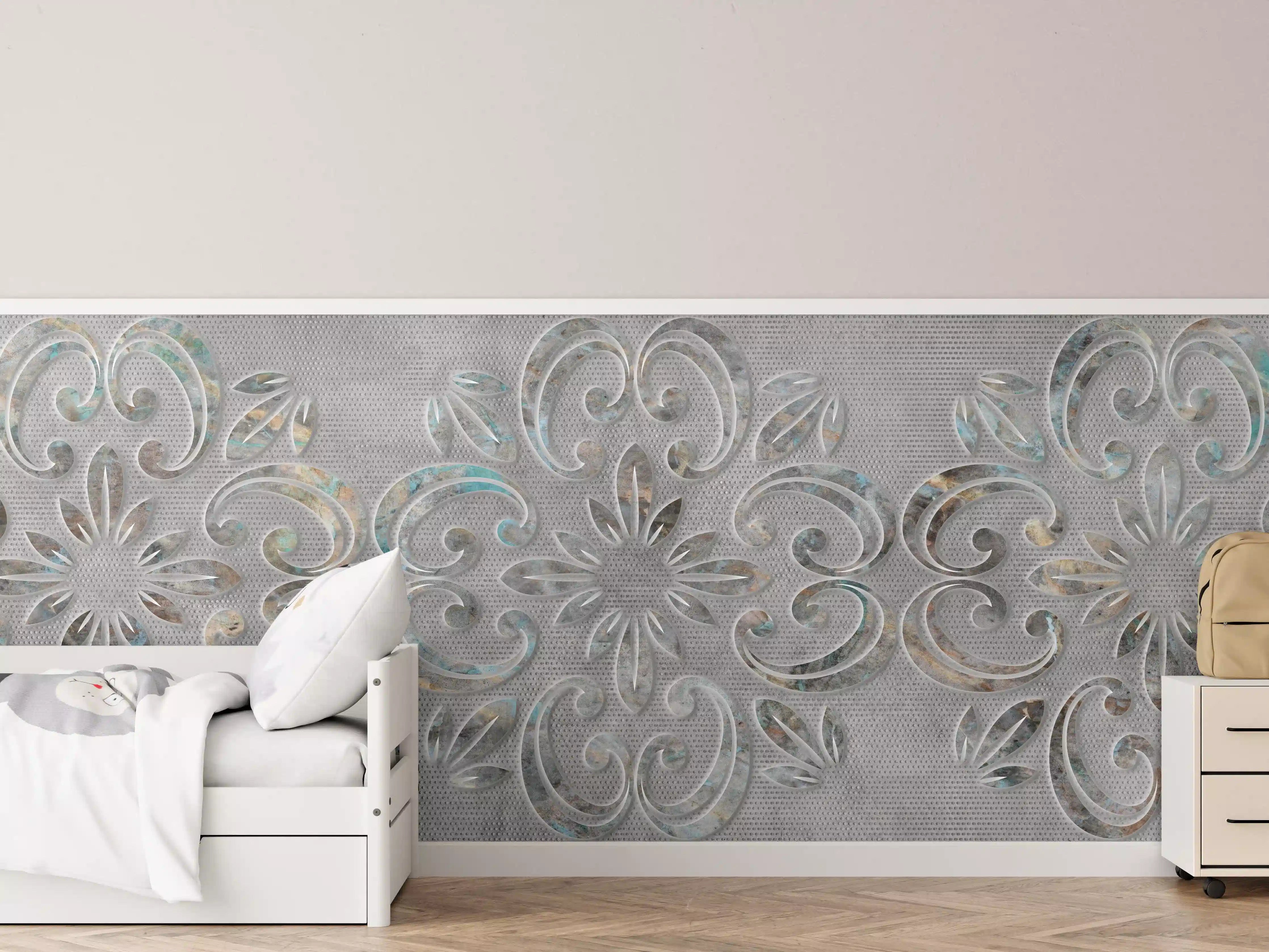Kinderzimmer Wandgestaltung - Graues Ornamentmuster - Zementwandtextur