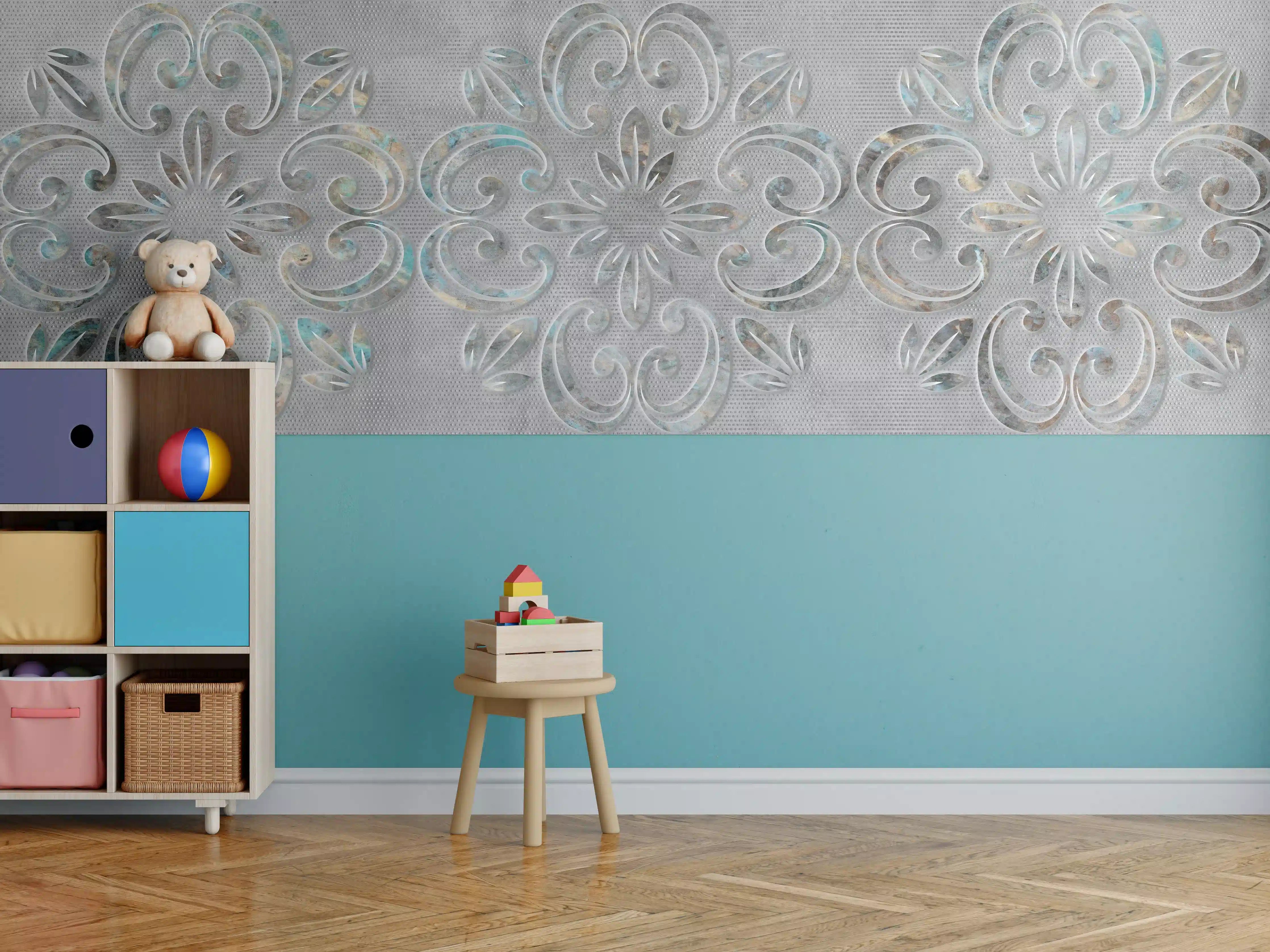 Kinderzimmer Wandgestaltung - Graues Ornamentmuster - Zementwandtextur