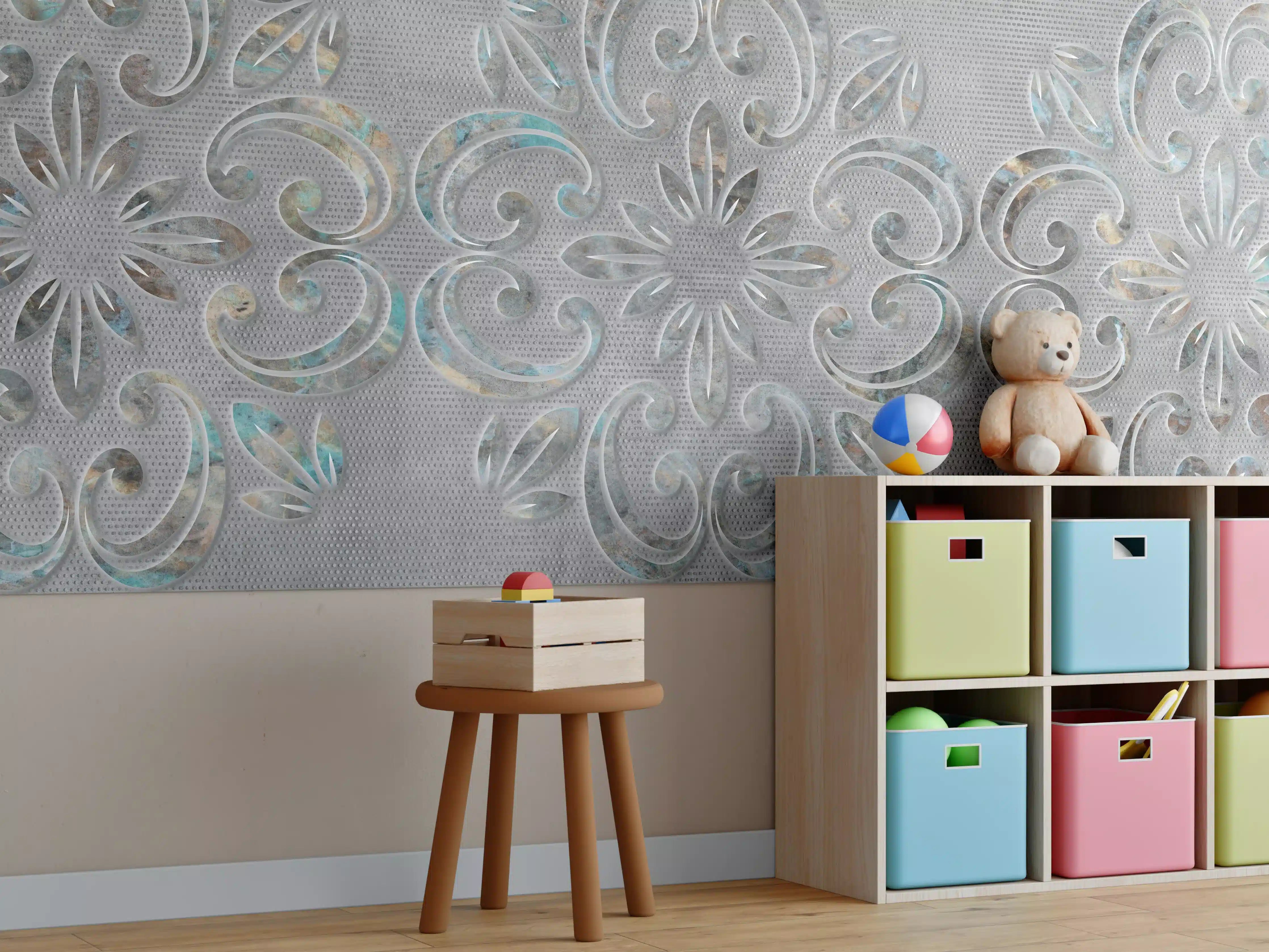 Kinderzimmer Wandgestaltung - Graues Ornamentmuster - Zementwandtextur