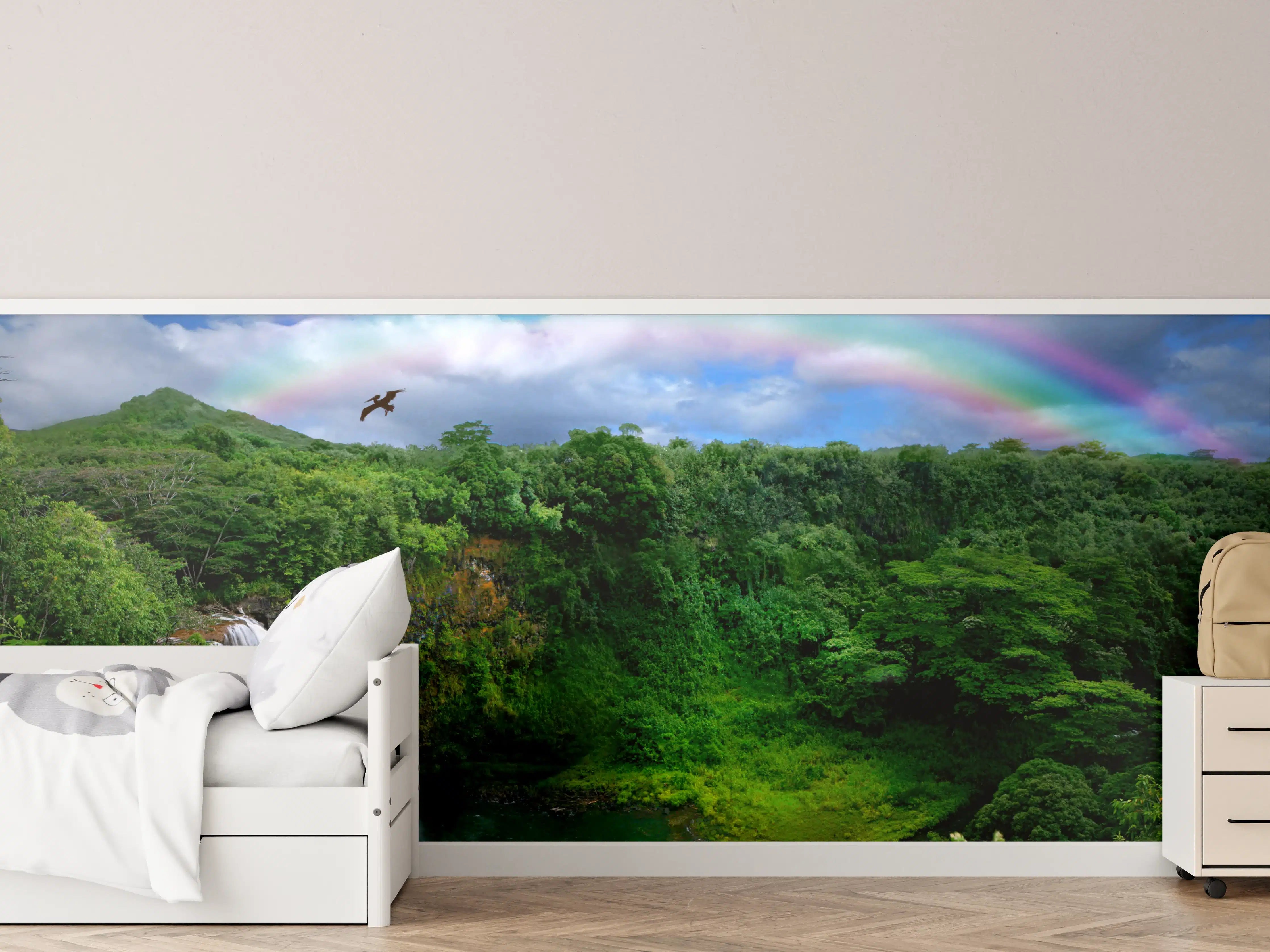 Kinderzimmer Wandgestaltung - Graues Paradies mit Wasserfall und Regenbogen