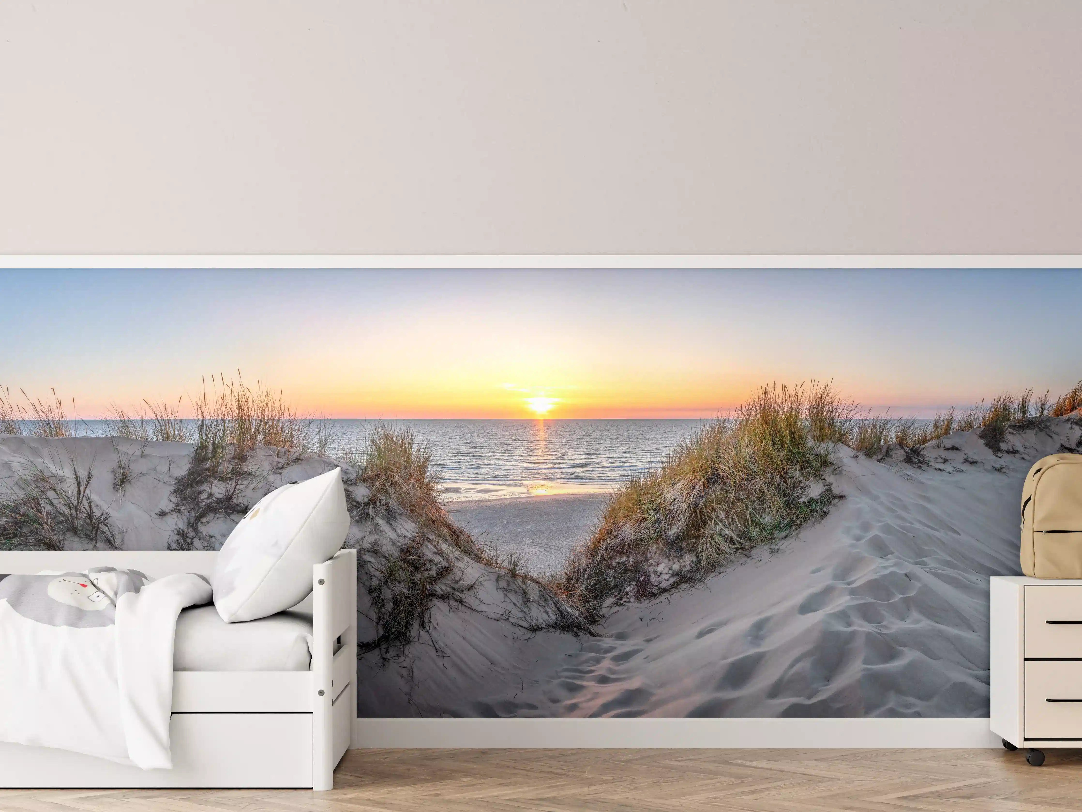 Kinderzimmer Wandgestaltung - Grauweißer Sonnenuntergang am Strand