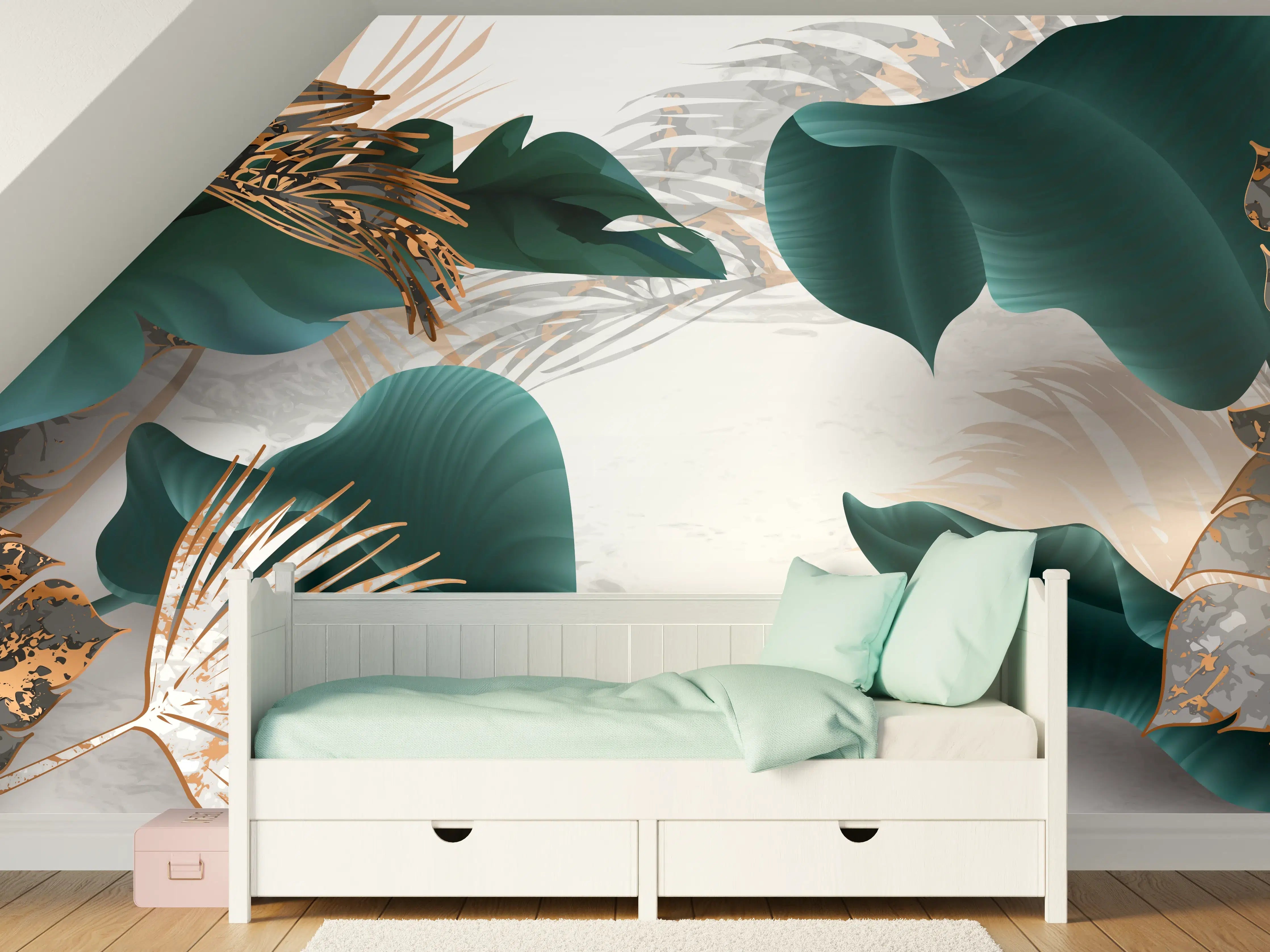 Kinderzimmer Wandgestaltung - Grün-Goldene Pflanzenmusterung