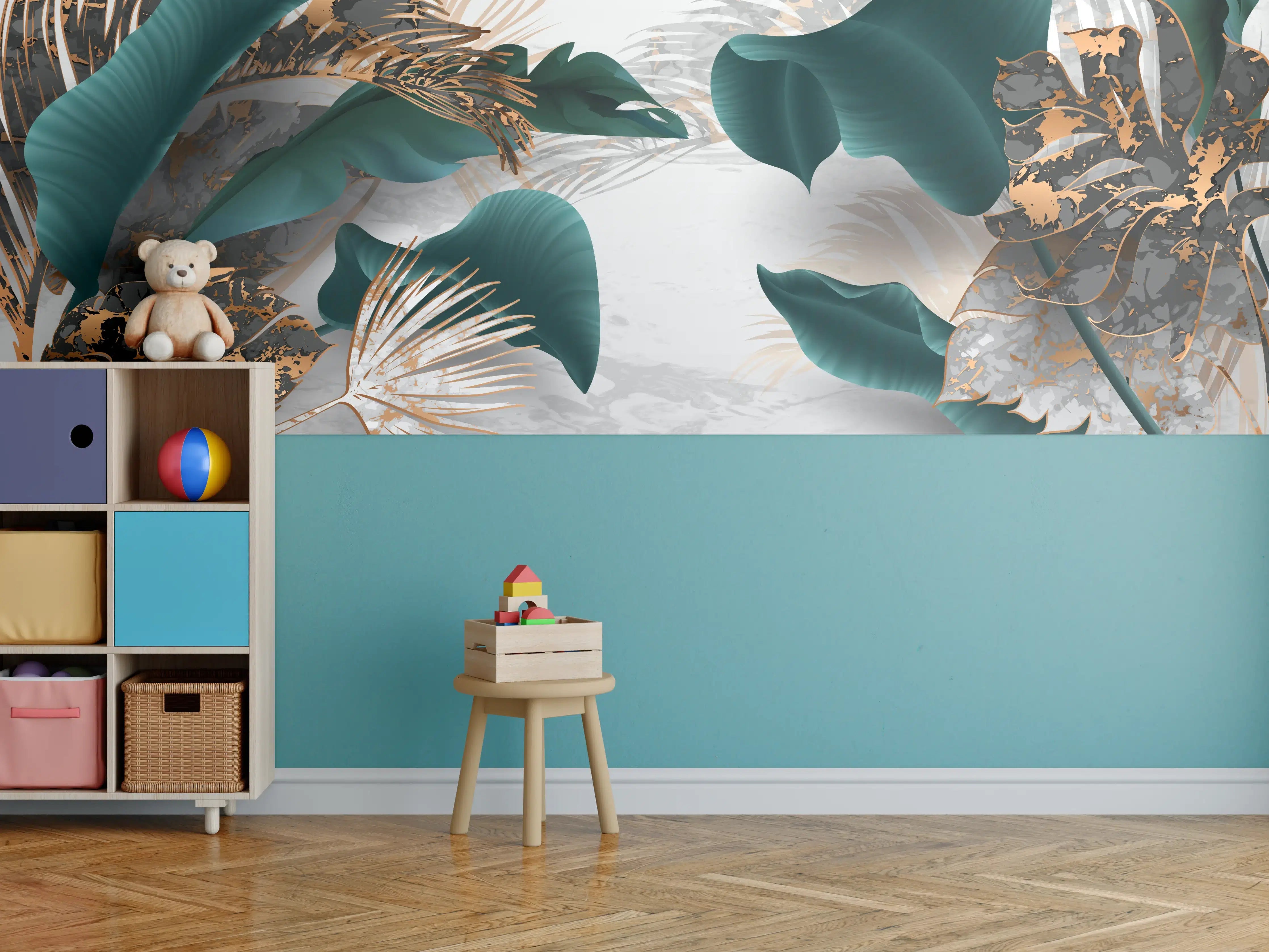 Kinderzimmer Wandgestaltung - Grün-Goldene Pflanzenmusterung