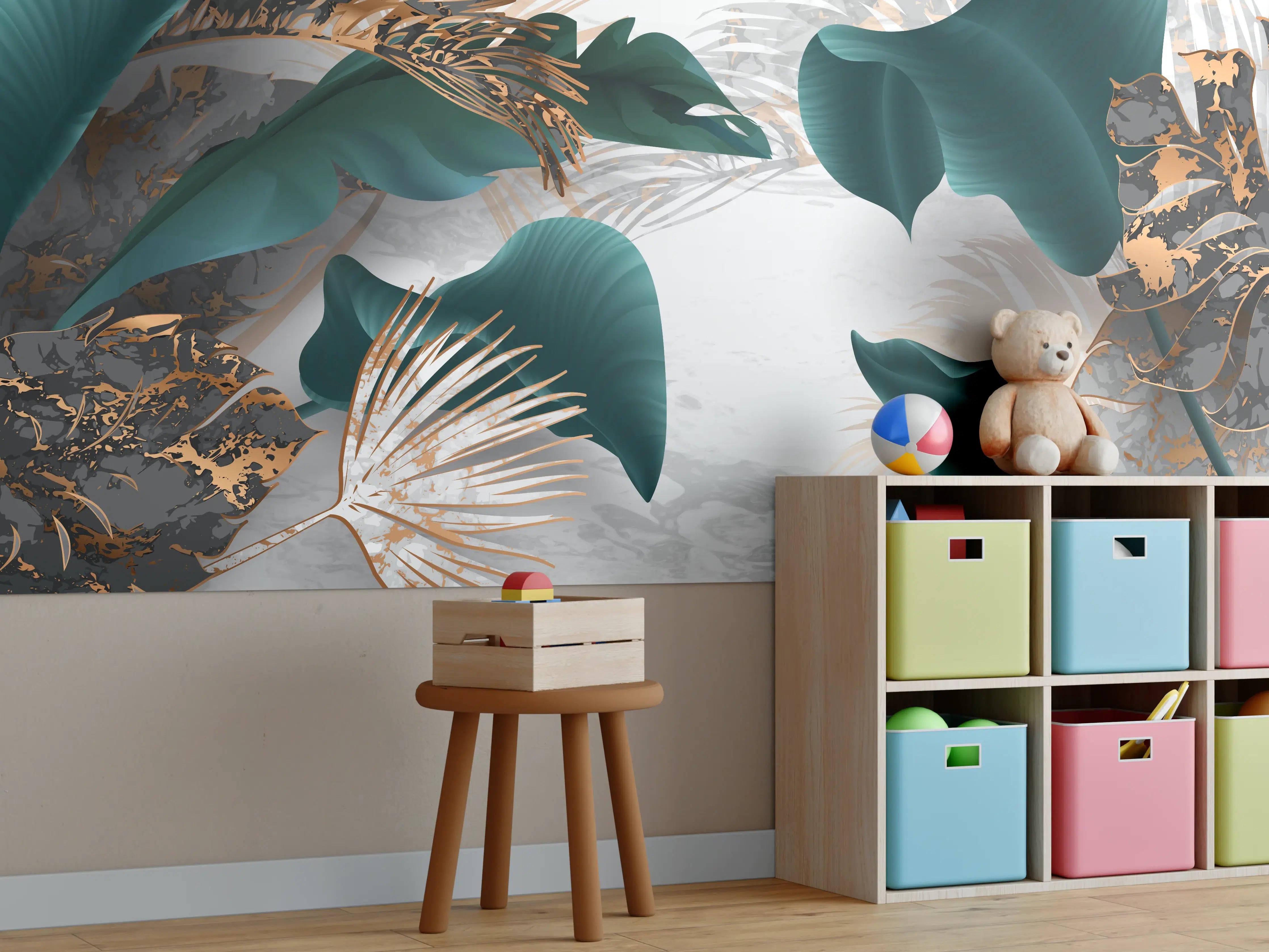 Kinderzimmer Wandgestaltung - Grün-Goldene Pflanzenmusterung