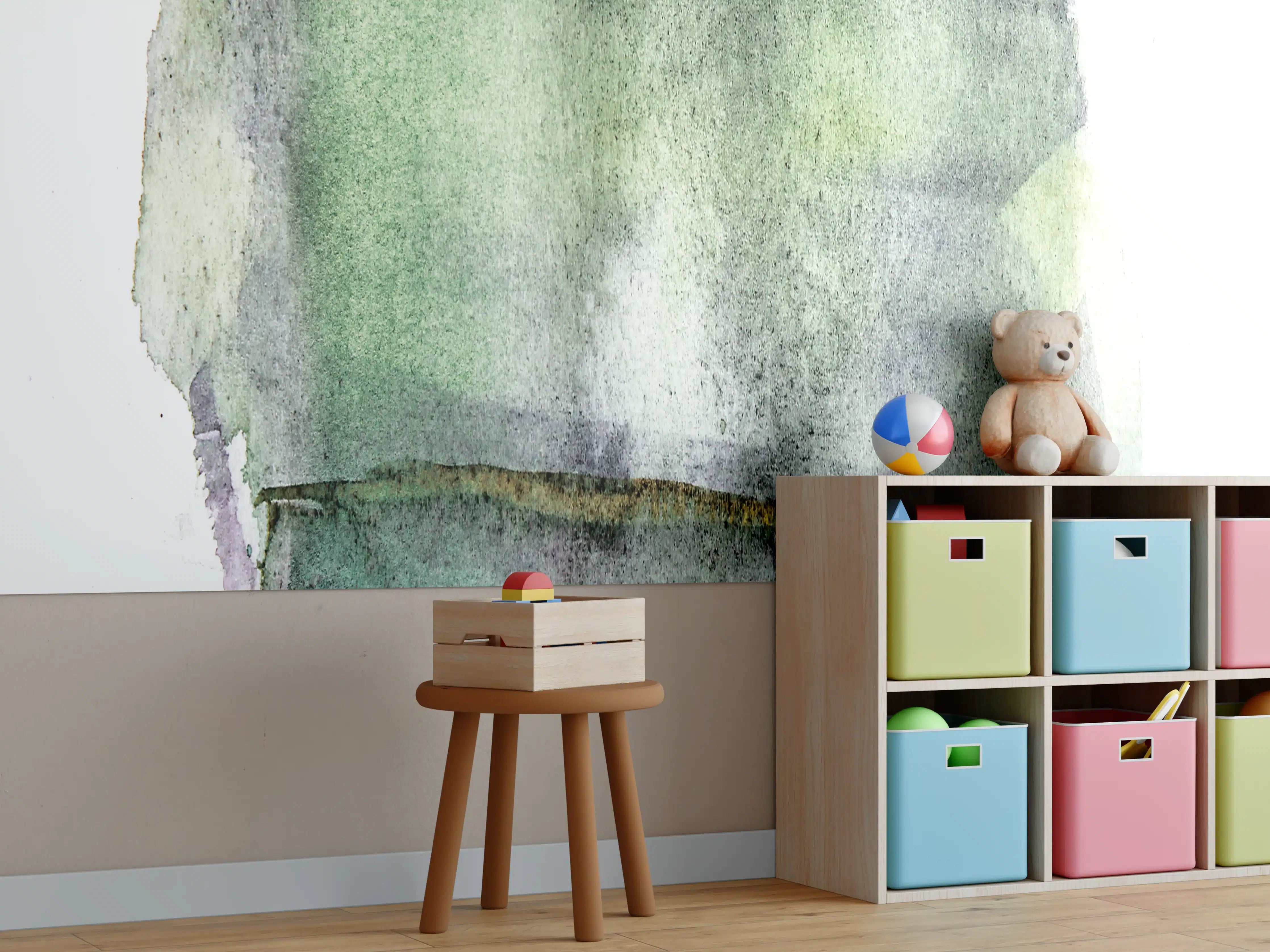Kinderzimmer Wandgestaltung - Grün-weiße Aquarellmalerei