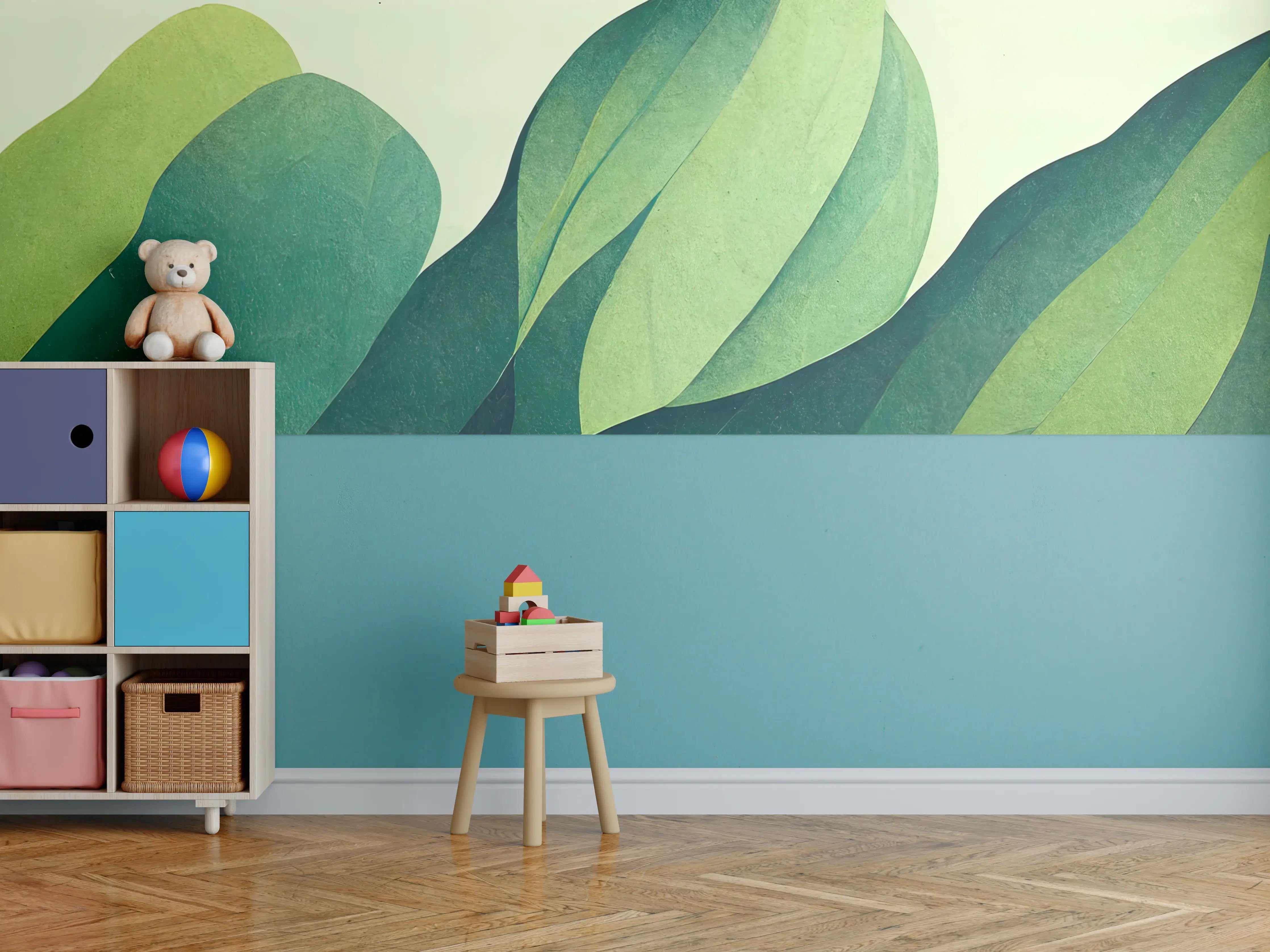 Kinderzimmer Wandgestaltung - Grüne Blätter in Aquarelloptik