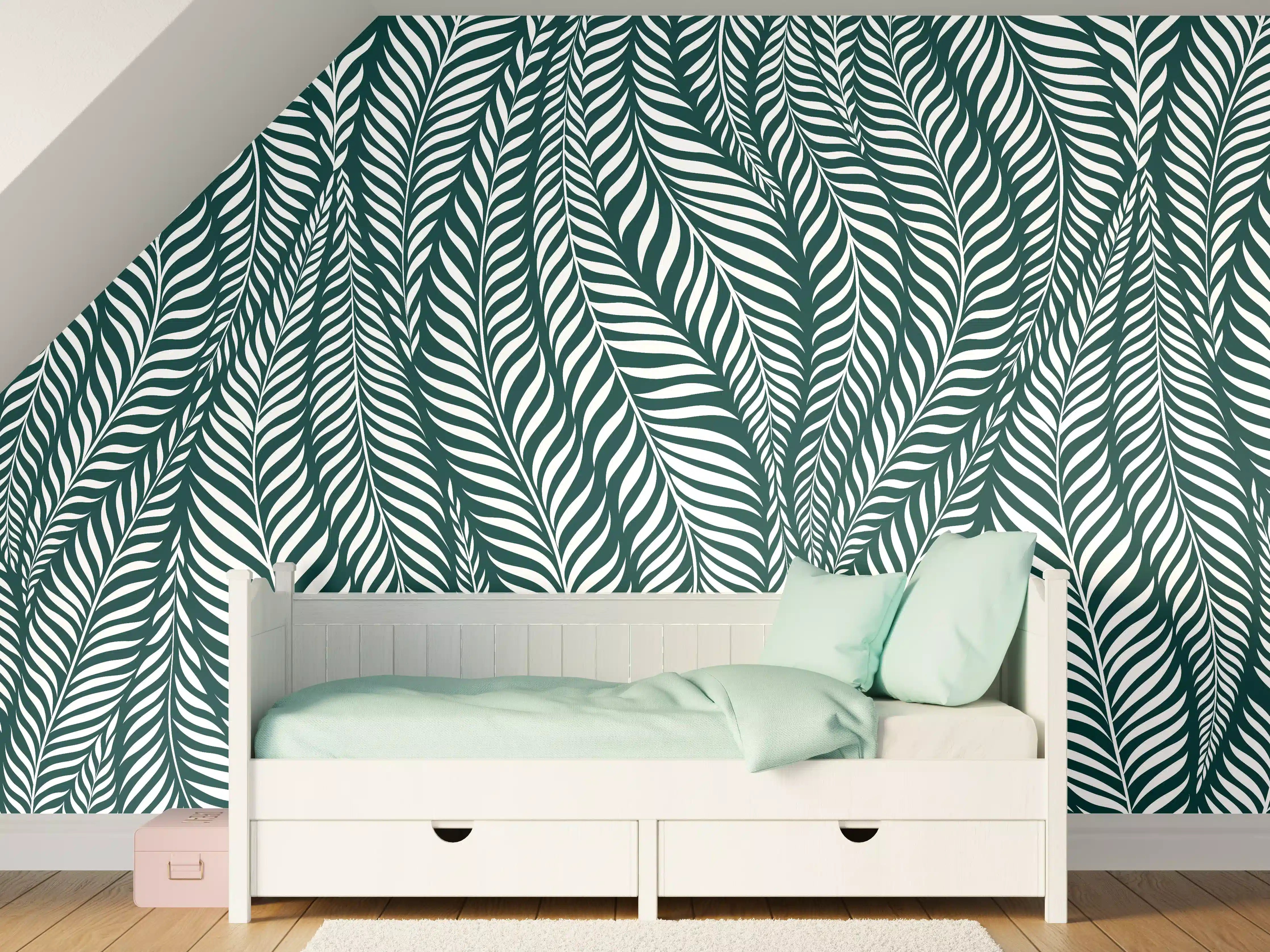 Kinderzimmer Wandgestaltung - Grüne Blätter mit Petrol
