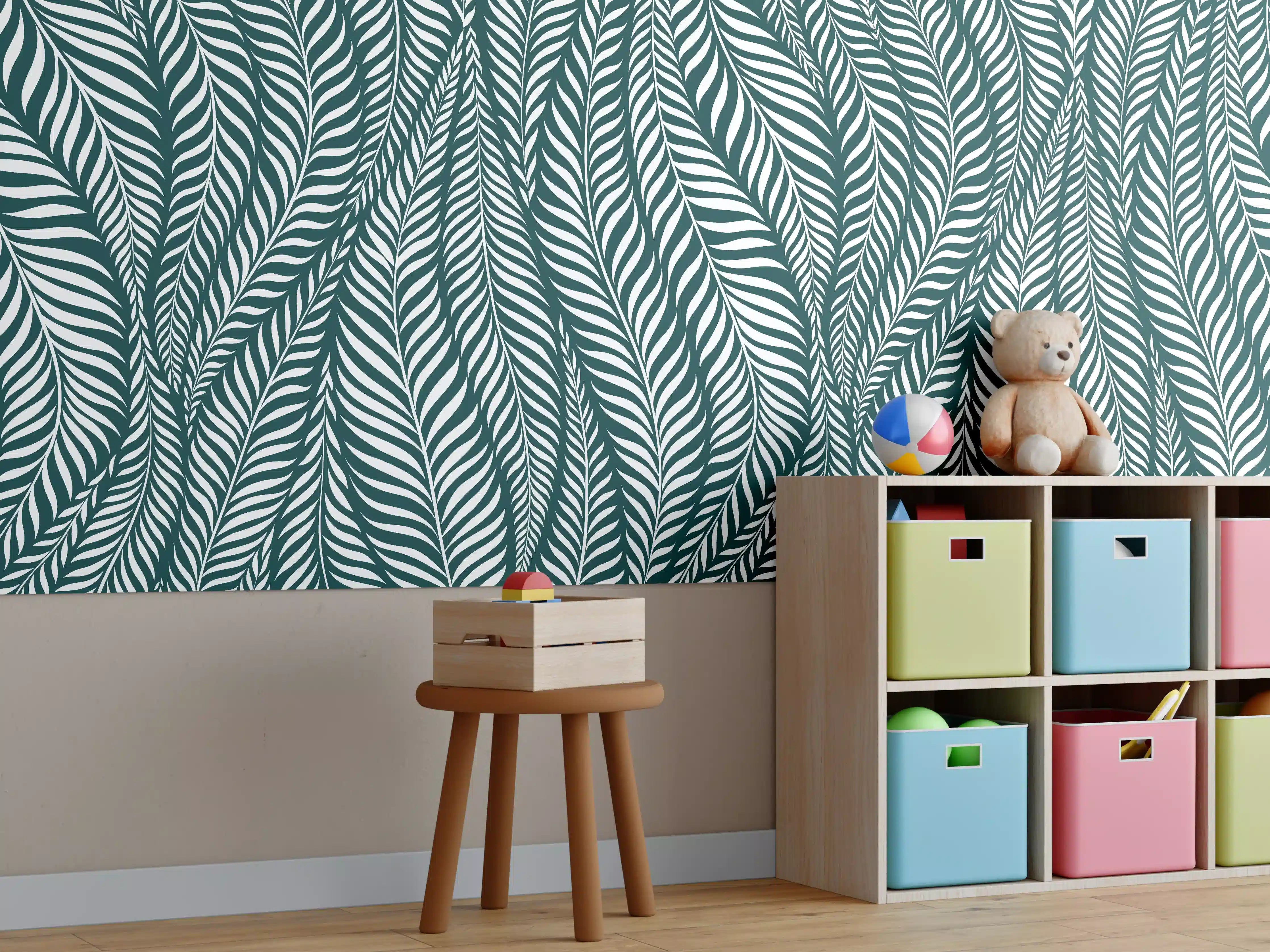 Kinderzimmer Wandgestaltung - Grüne Blätter mit Petrol