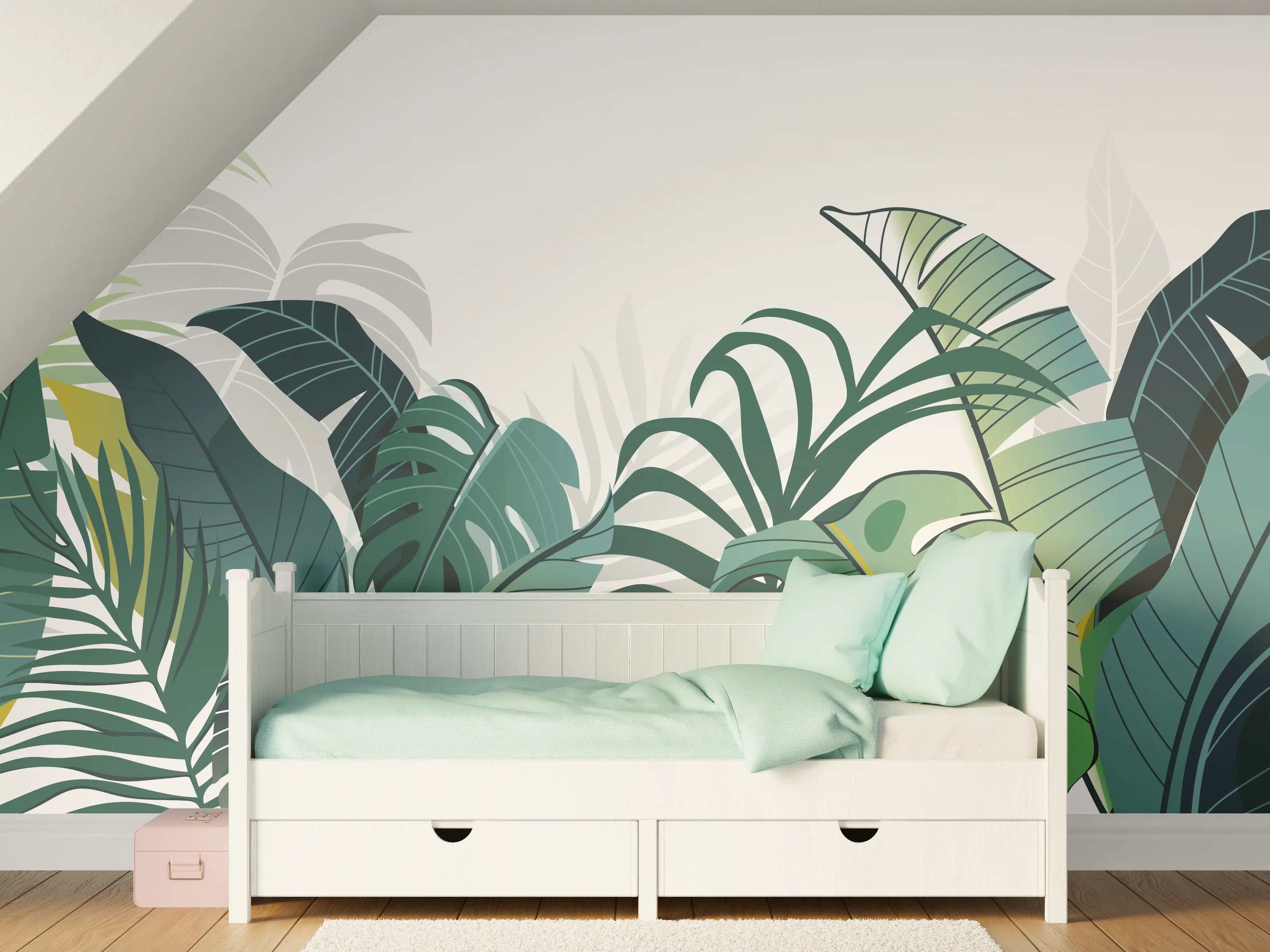 Kinderzimmer Wandgestaltung - Grüne Dschungelpflanzen mit verschiedenfarbigen Blättern