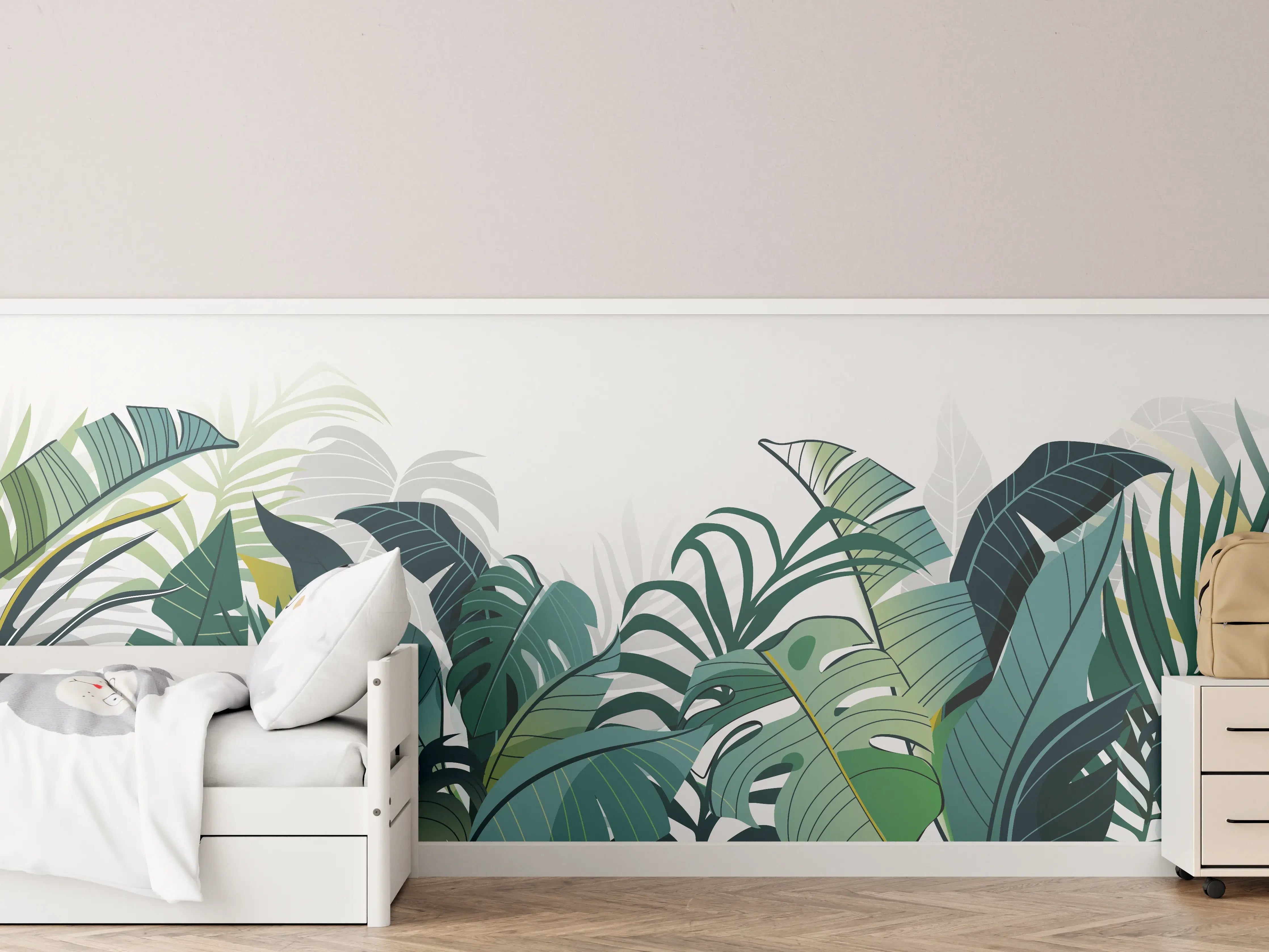 Kinderzimmer Wandgestaltung - Grüne Dschungelpflanzen mit verschiedenfarbigen Blättern