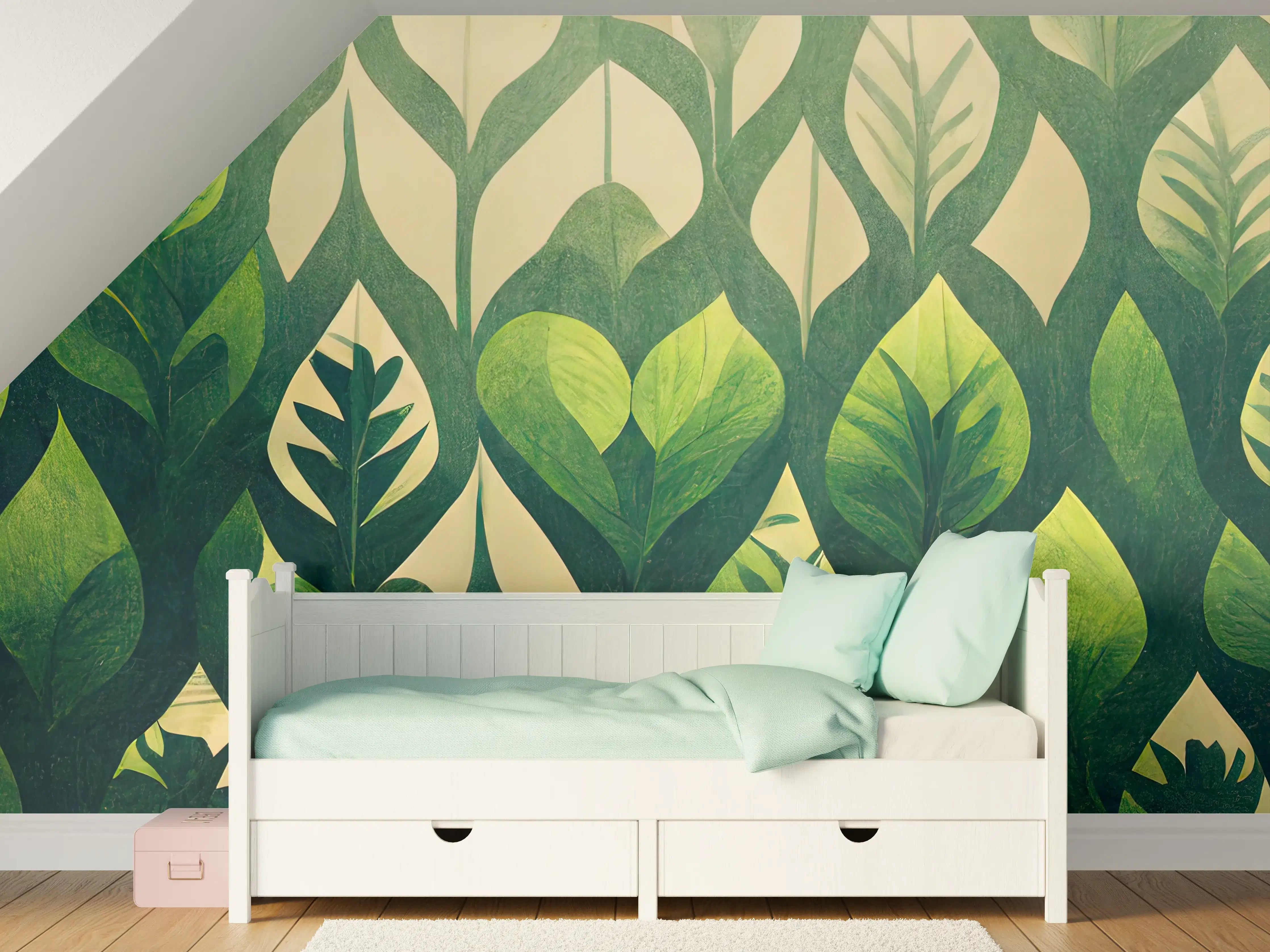 Kinderzimmer Wandgestaltung - Grüne Pflanzenmuster mit Blattmotiven