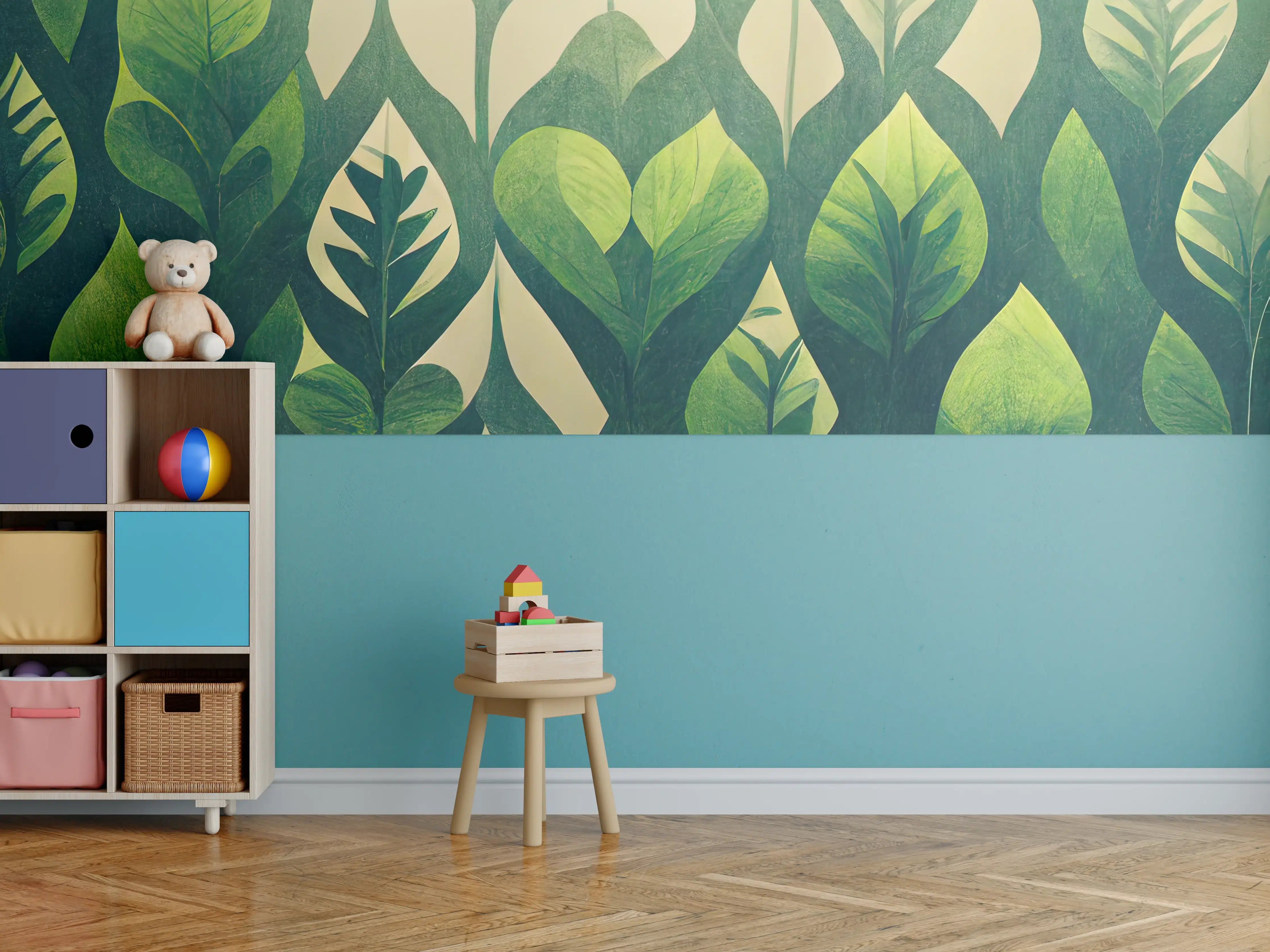 Kinderzimmer Wandgestaltung - Grüne Pflanzenmuster mit Blattmotiven