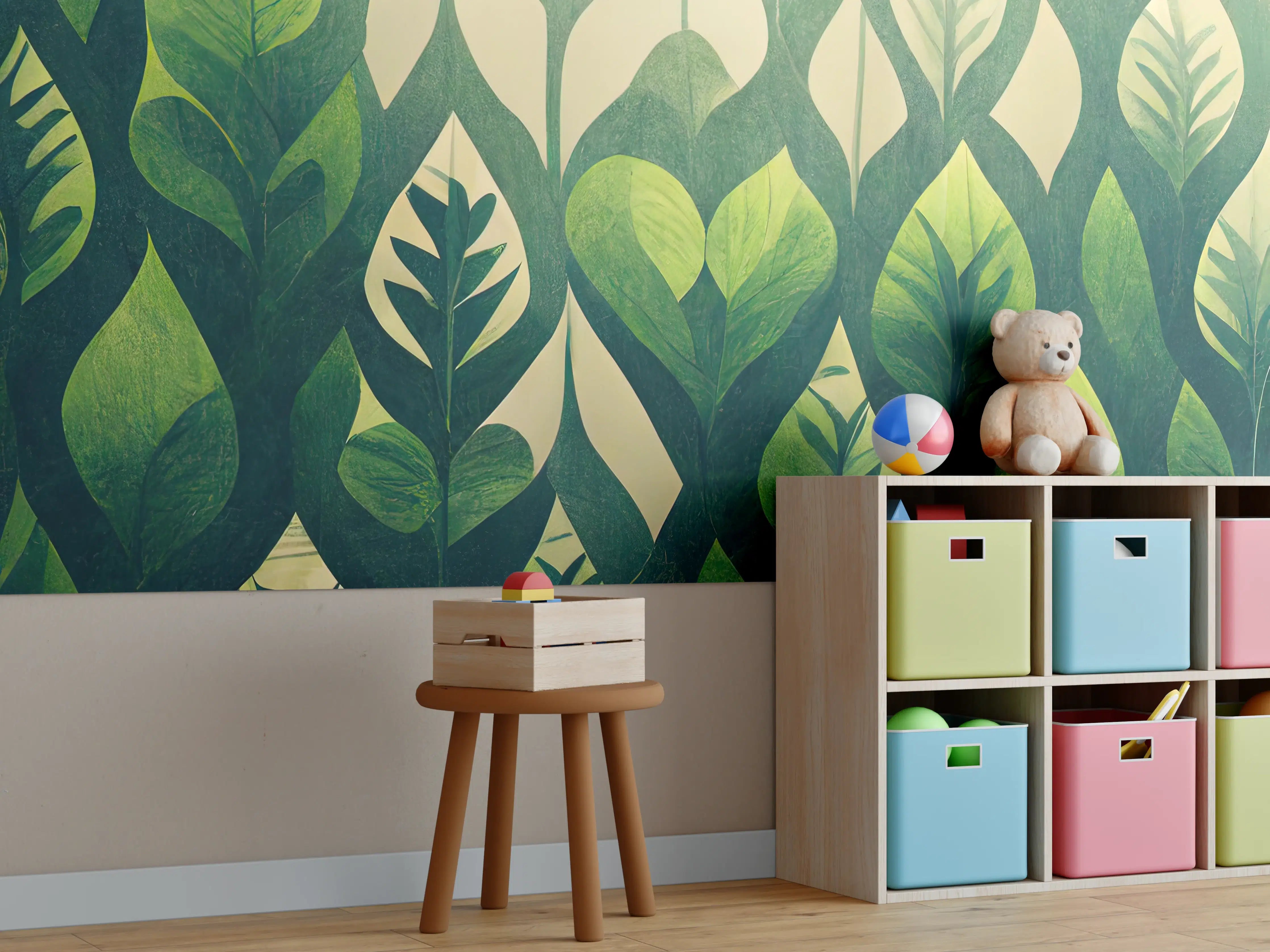 Kinderzimmer Wandgestaltung - Grüne Pflanzenmuster mit Blattmotiven