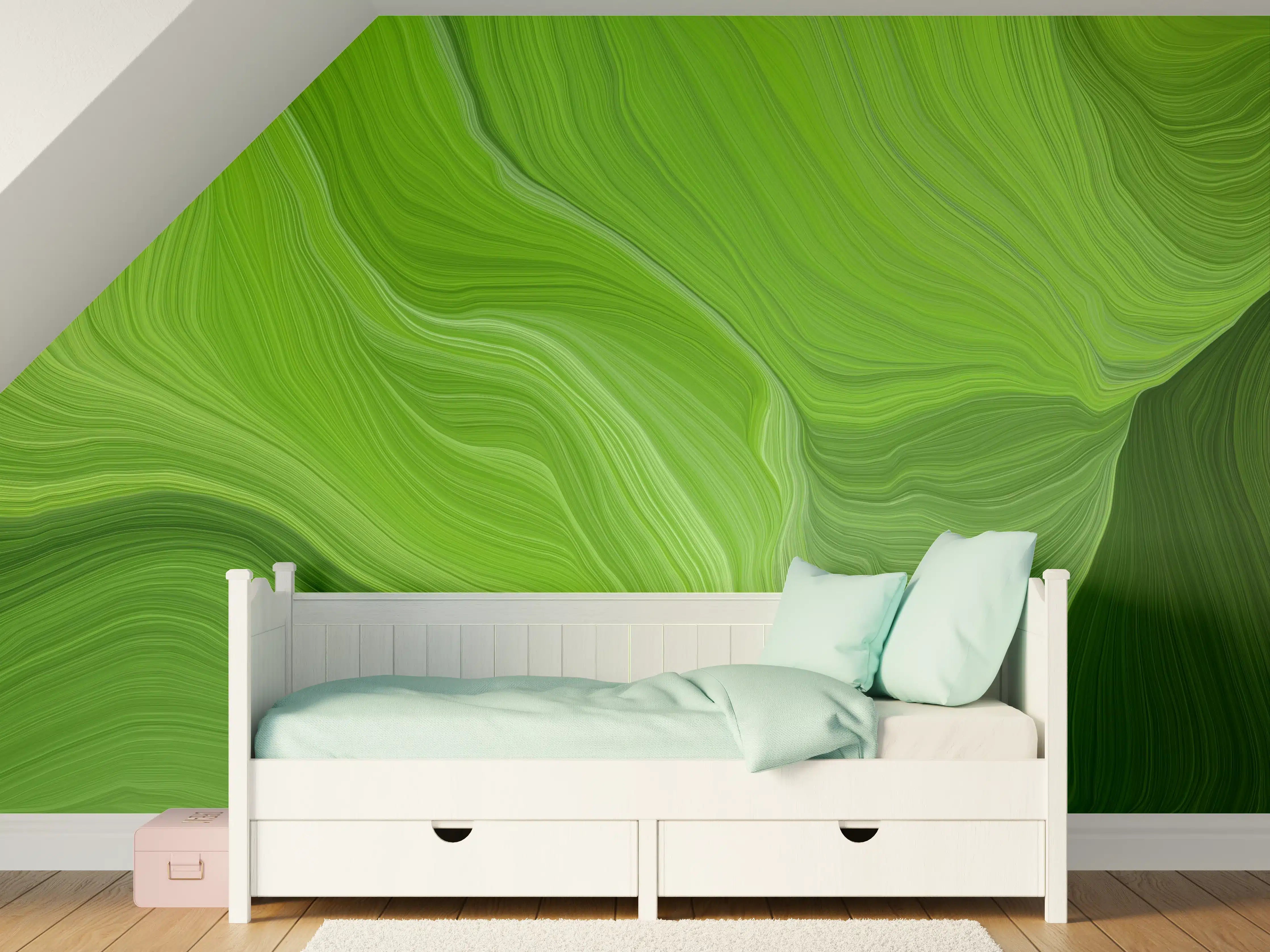 Kinderzimmer Wandgestaltung - Grüne abstrakte Malerei mit fließenden Mustern