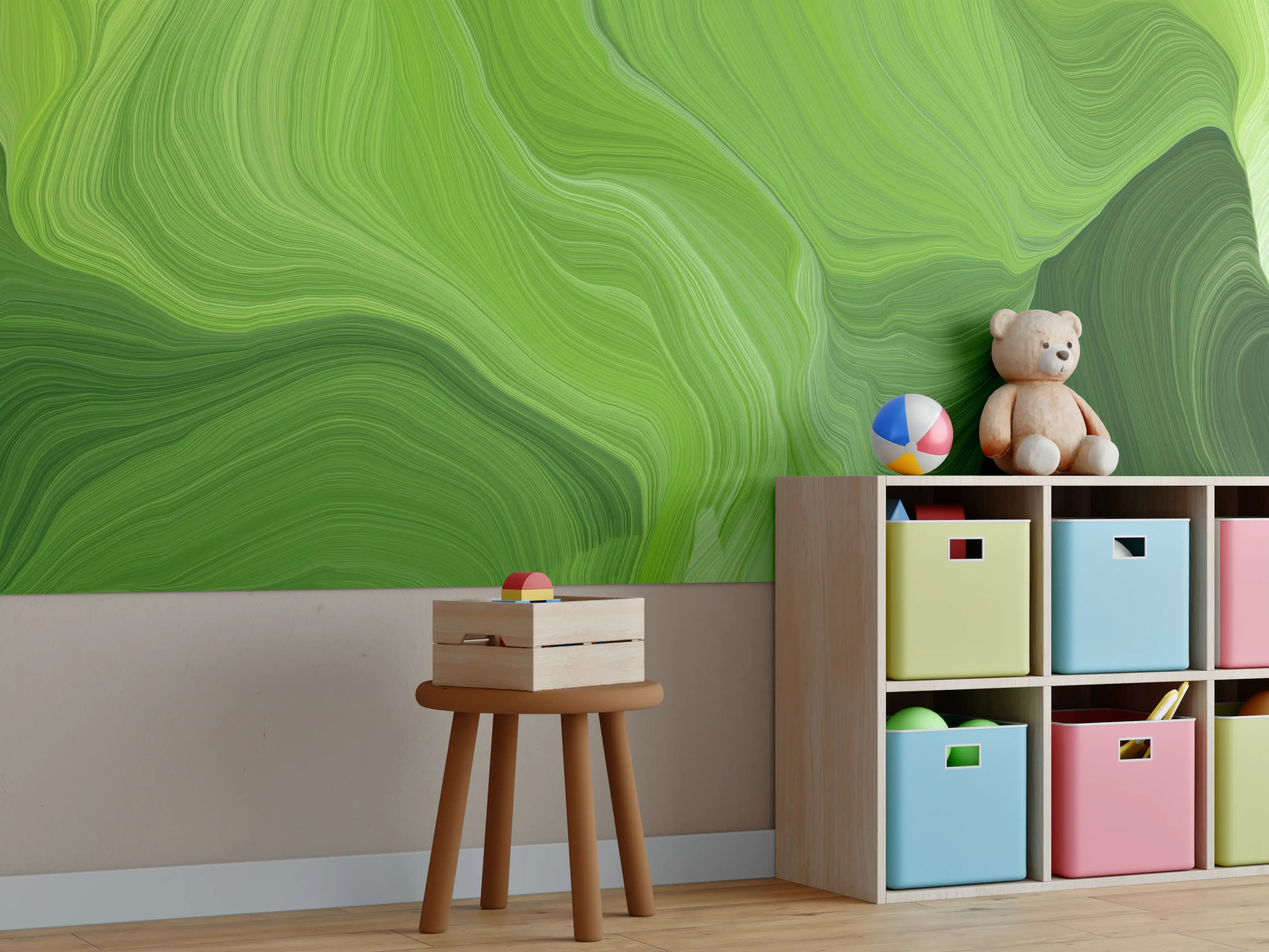 Kinderzimmer Wandgestaltung - Grüne abstrakte Malerei mit fließenden Mustern