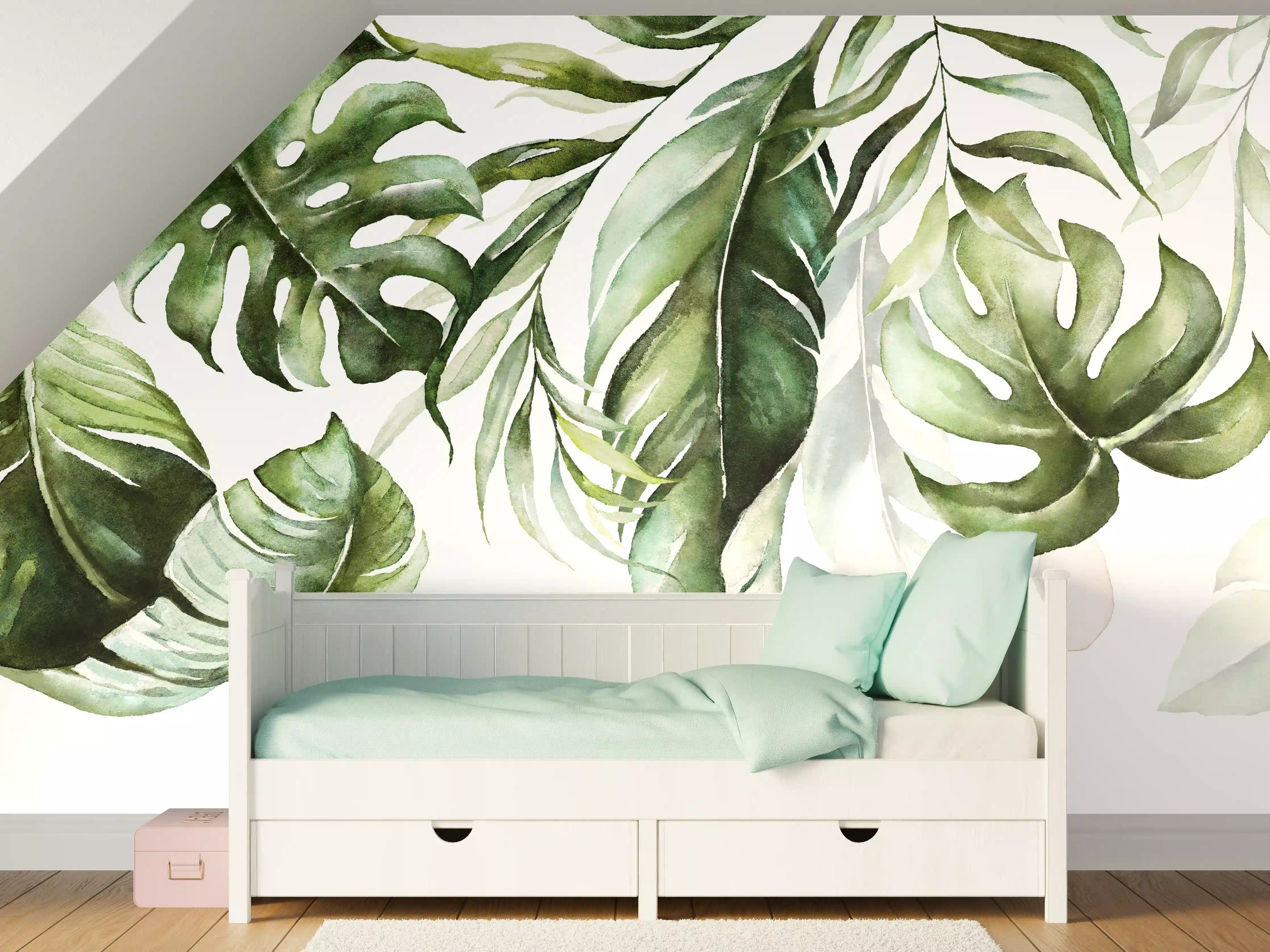 Kinderzimmer Wandgestaltung - Grüne tropische Blätter Aquarell