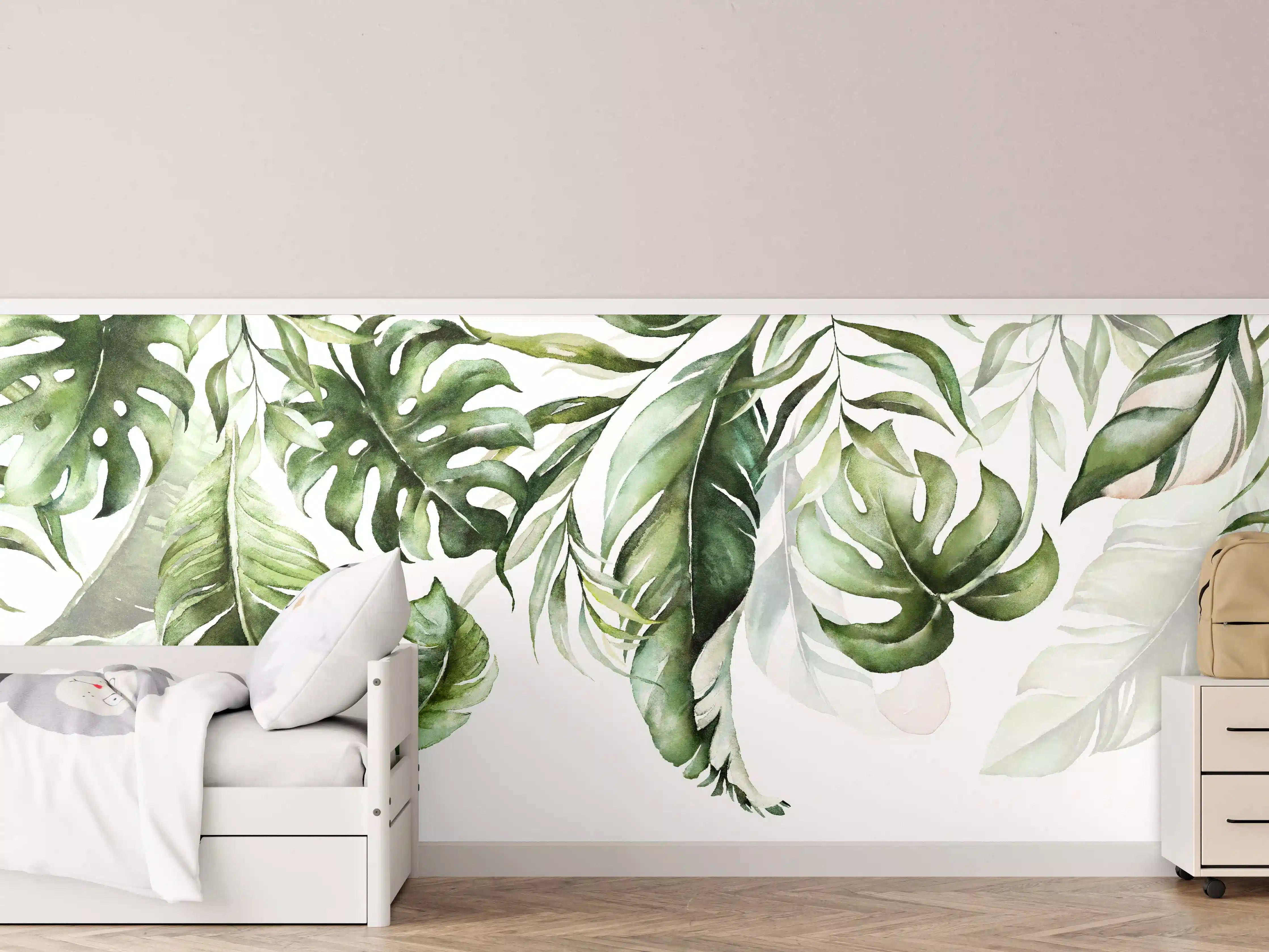 Kinderzimmer Wandgestaltung - Grüne tropische Blätter Aquarell