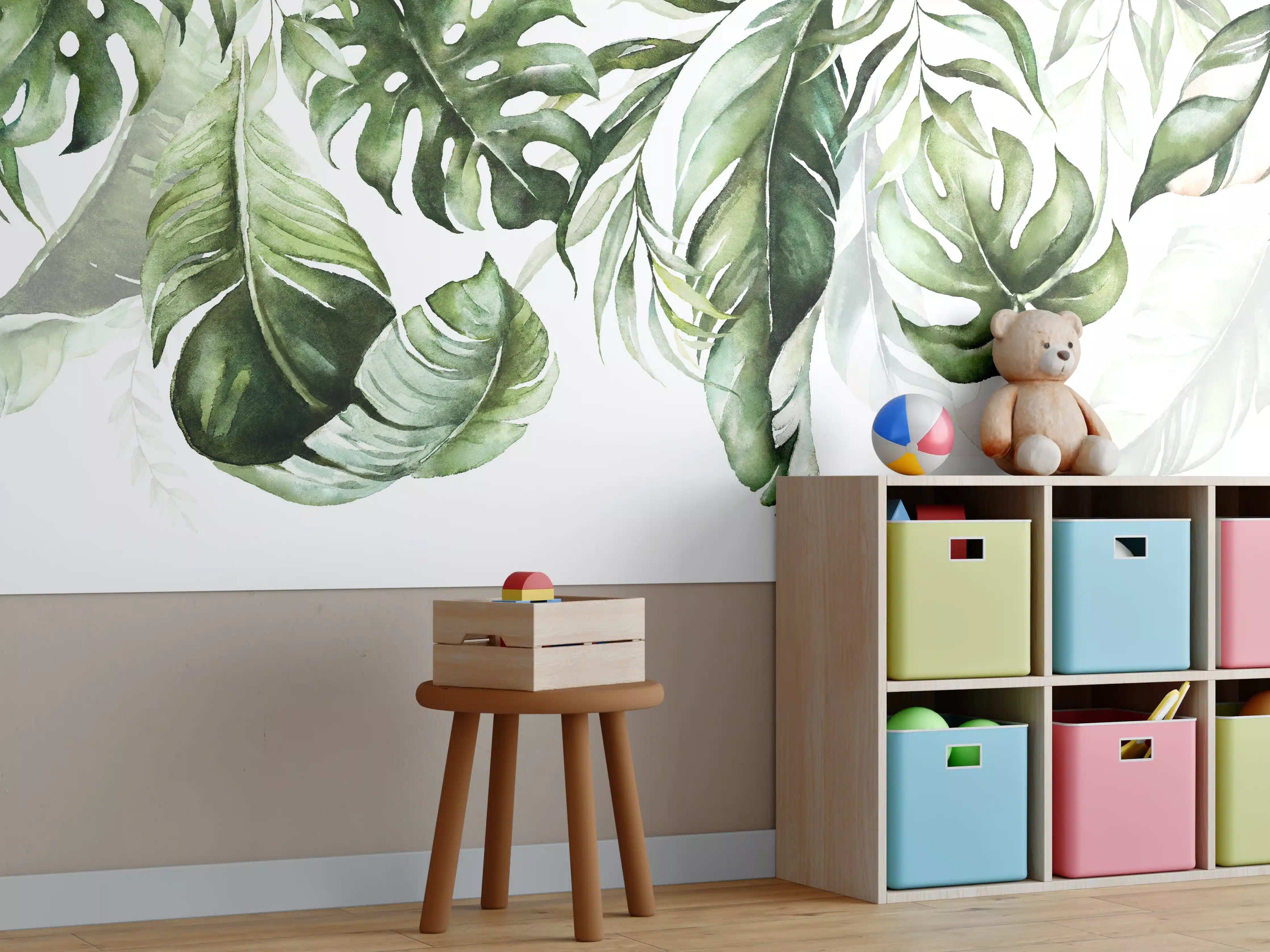 Kinderzimmer Wandgestaltung - Grüne tropische Blätter Aquarell
