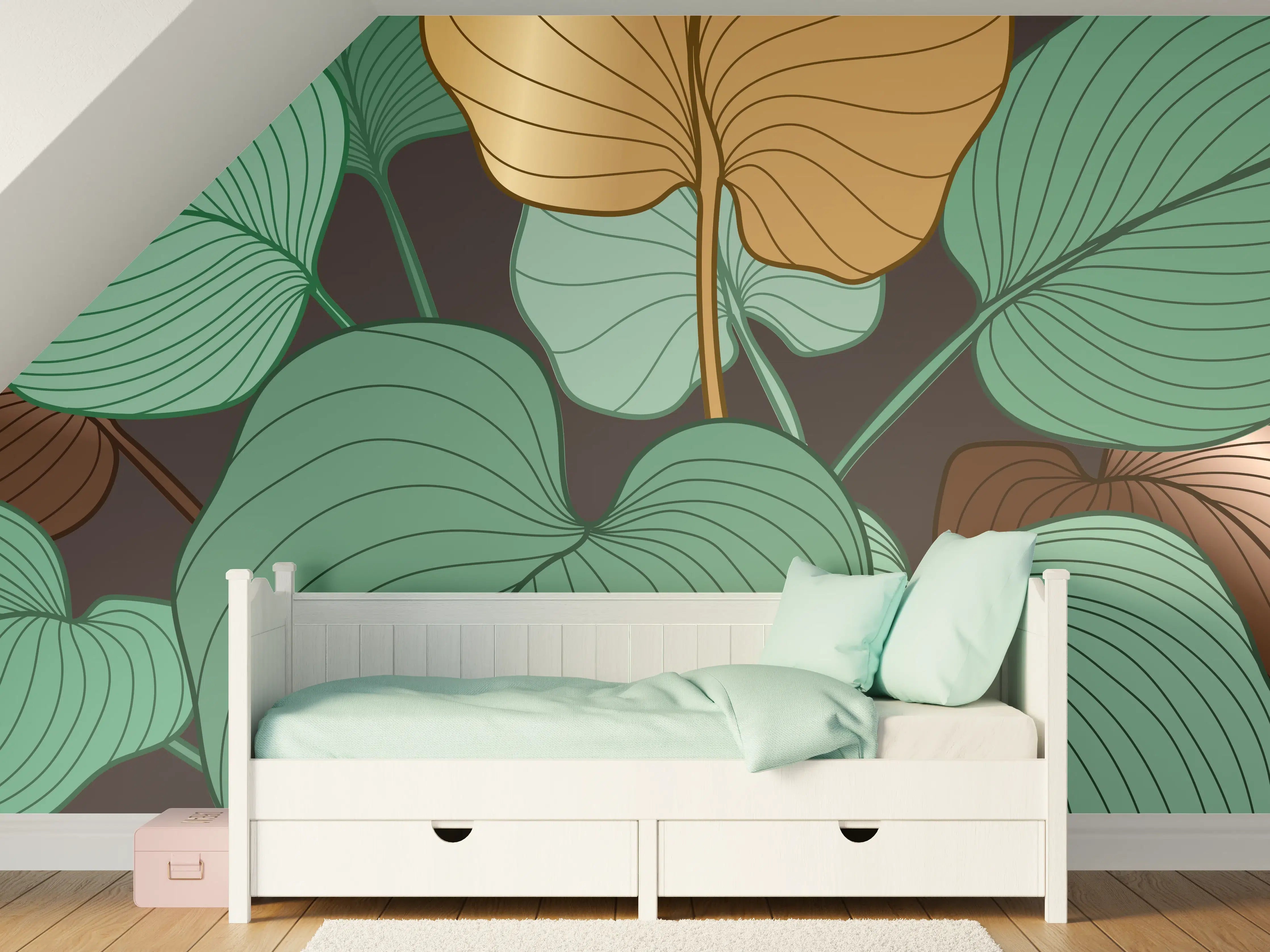 Kinderzimmer Wandgestaltung - Grüne und braune Blätter auf dunklem Hintergrund