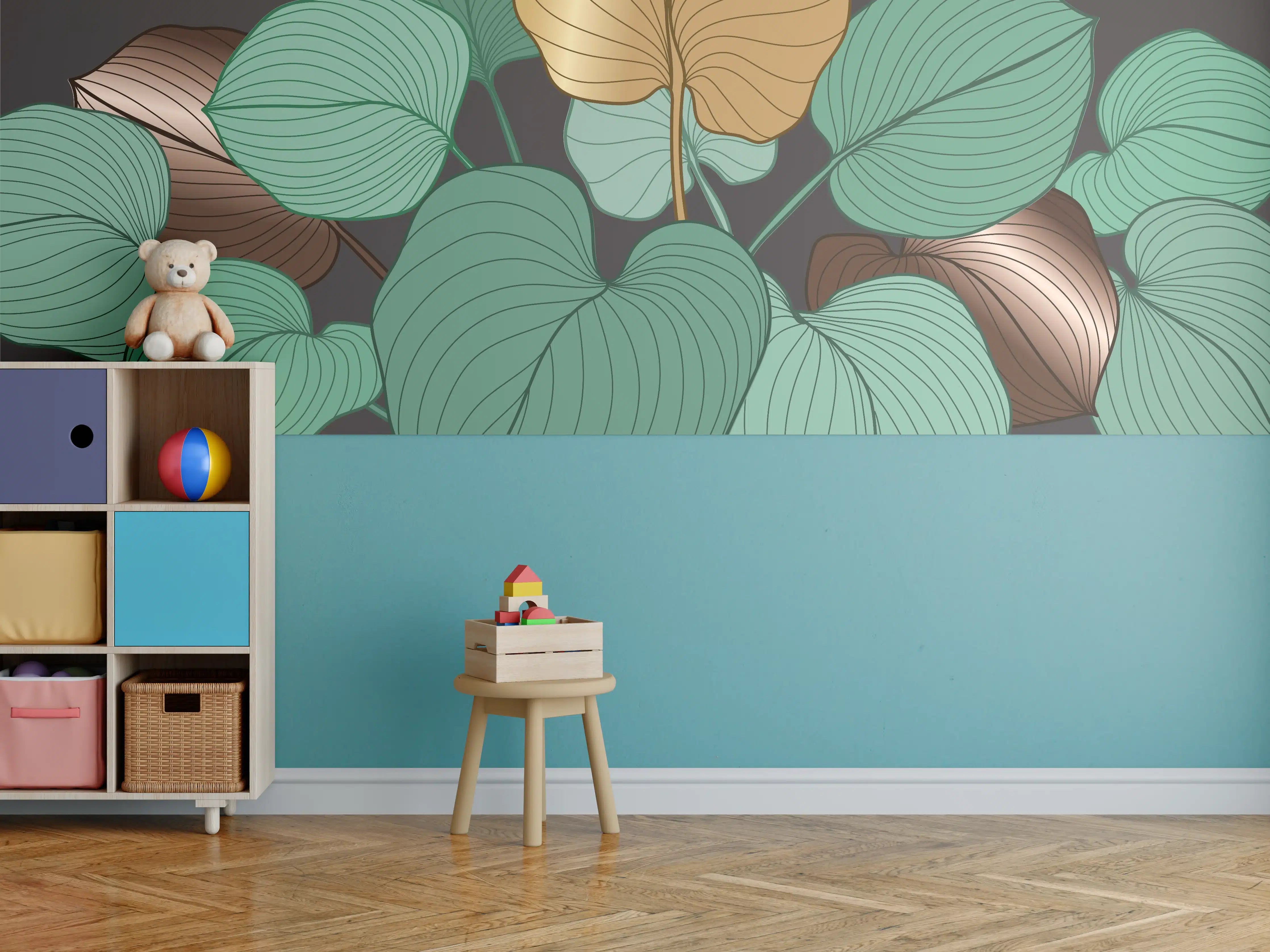 Kinderzimmer Wandgestaltung - Grüne und braune Blätter auf dunklem Hintergrund