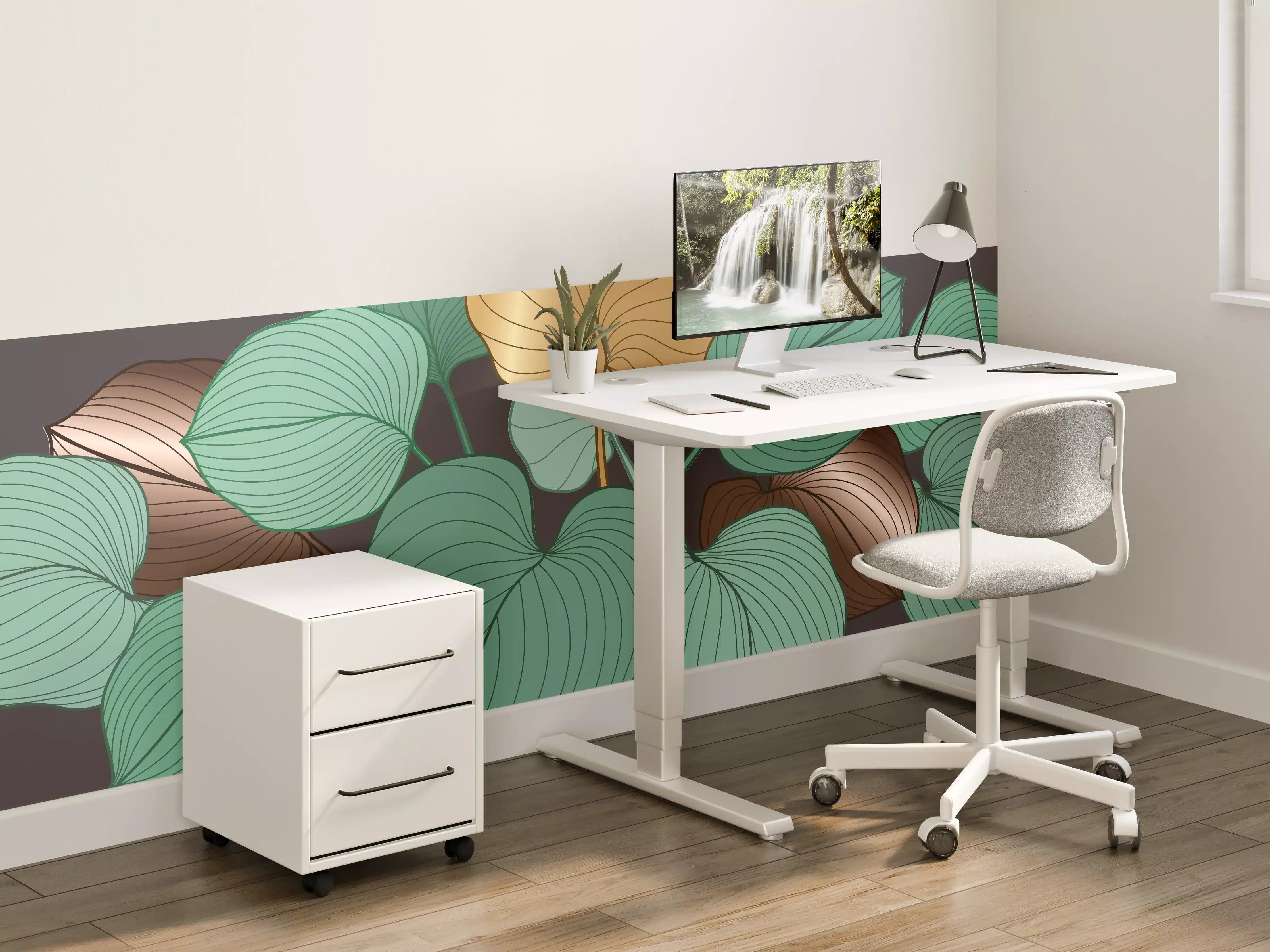 Kinderzimmer Wandgestaltung - Grüne und braune Blätter auf dunklem Hintergrund