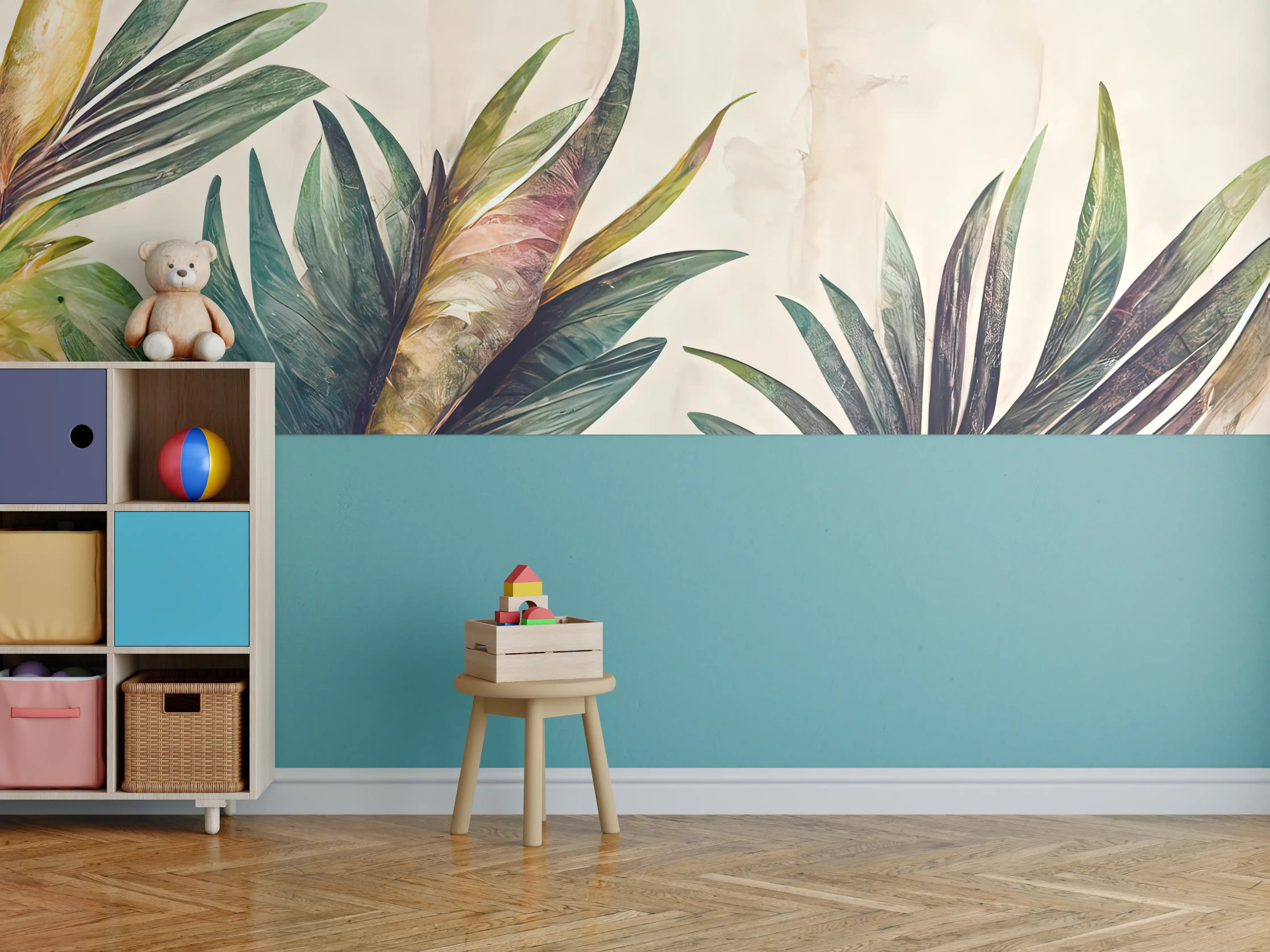 Kinderzimmer Wandgestaltung - Grüne und bunte Blätter im Wasserfarben-Stil