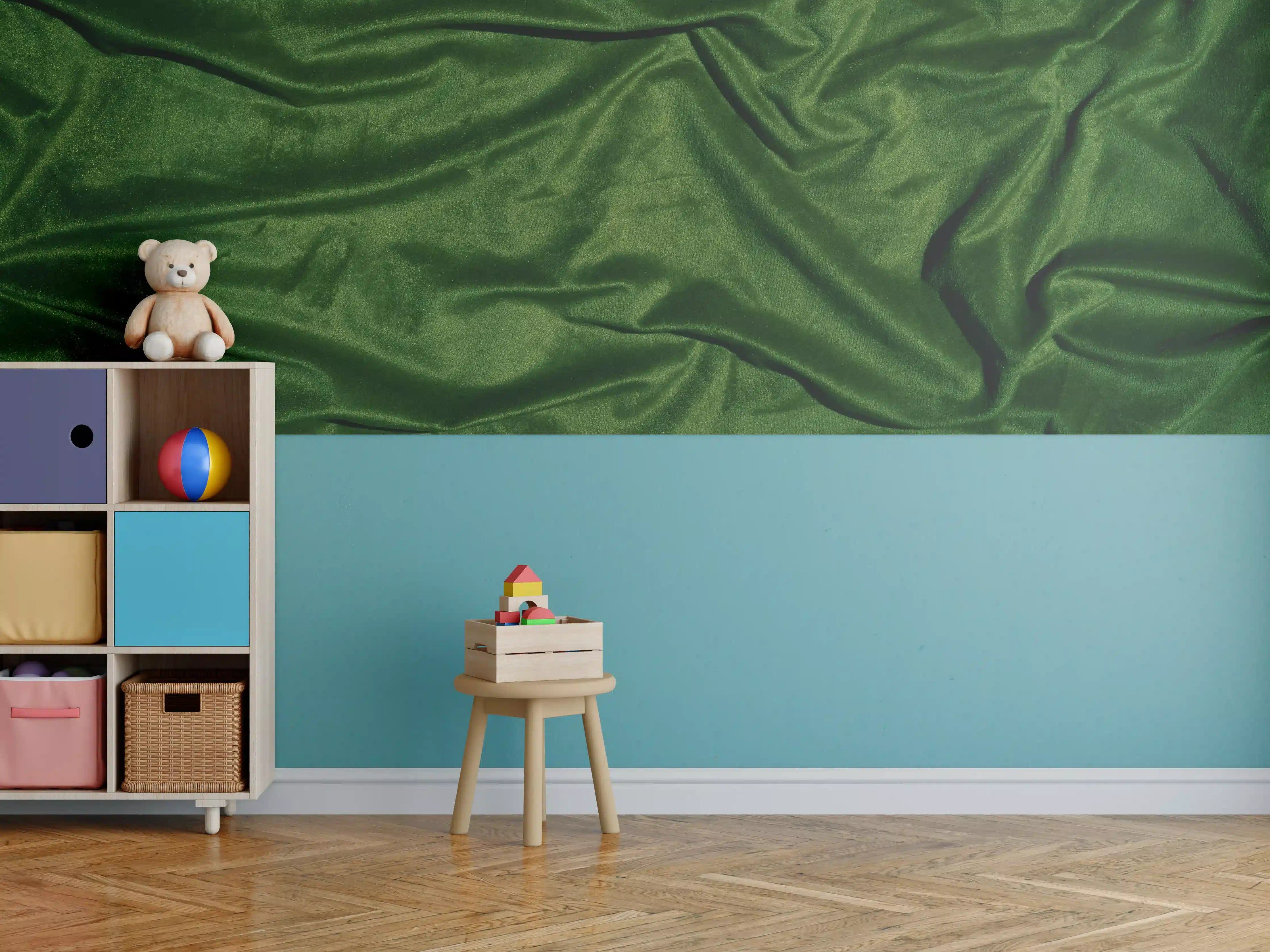 Kinderzimmer Wandgestaltung - Grüner Seidenstoff Hintergrund