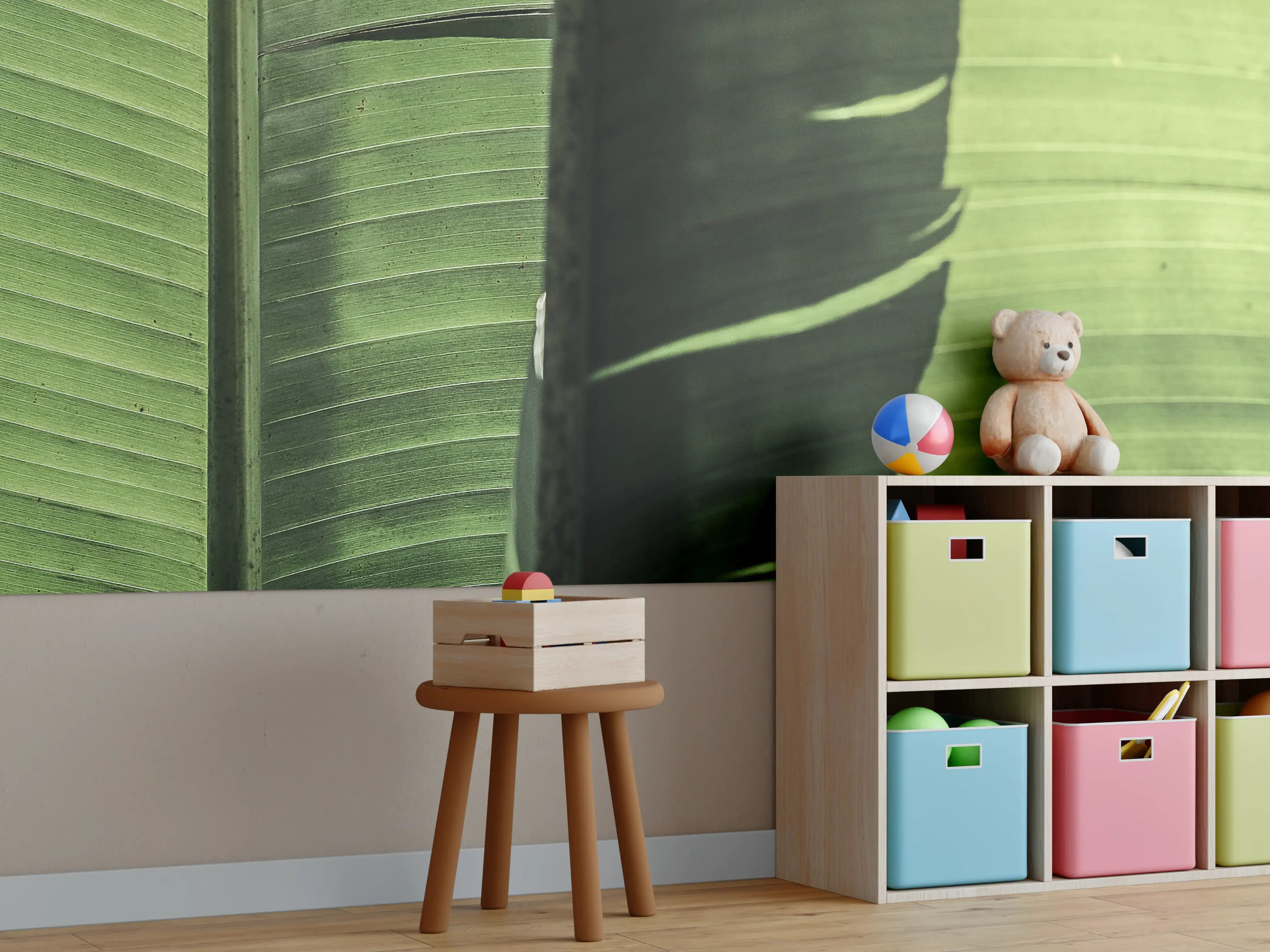 Kinderzimmer Wandgestaltung - Grünes Bananenblatt-Muster
