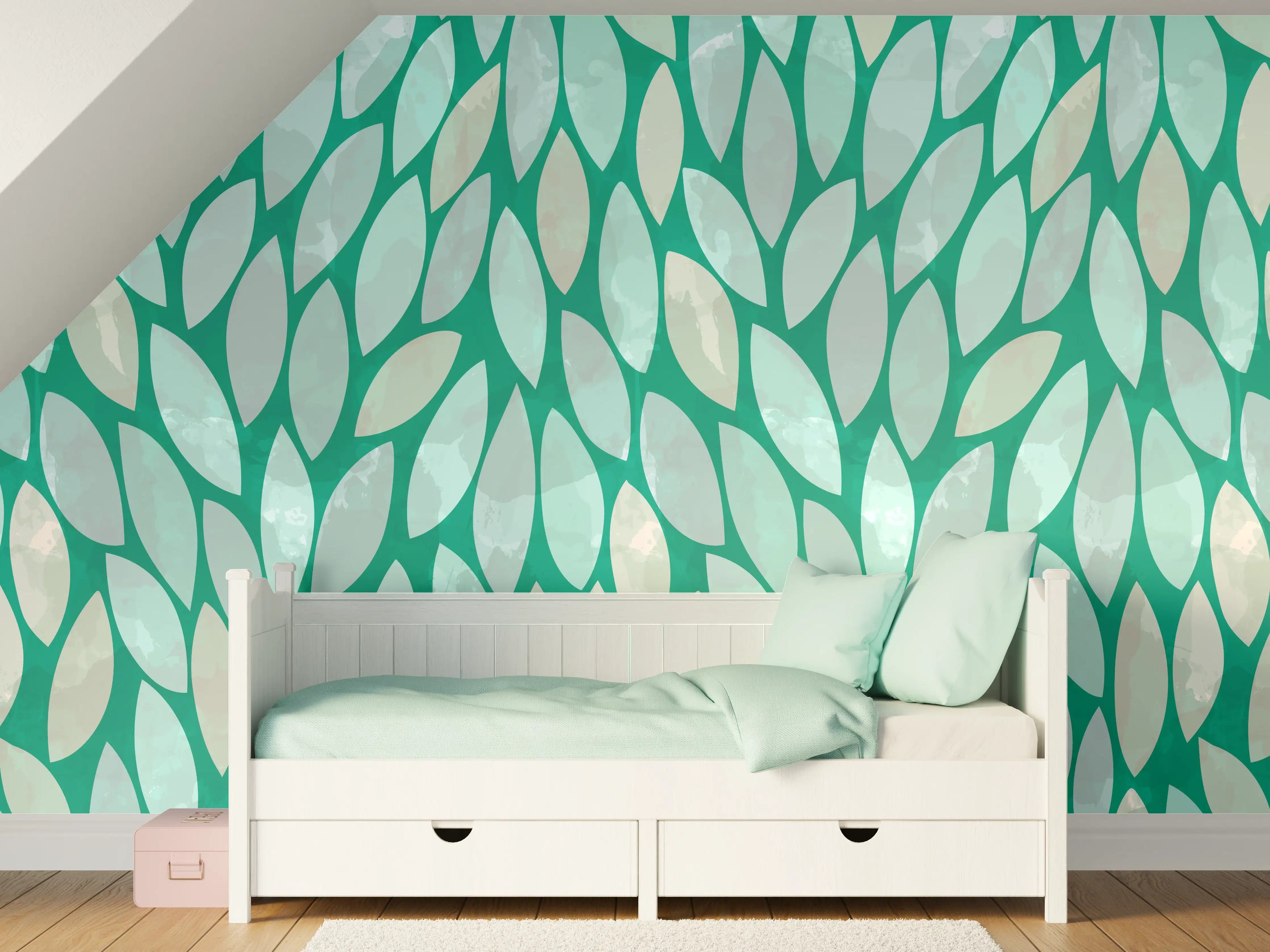 Kinderzimmer Wandgestaltung - Grünes Blättermuster mit weißen Akzenten