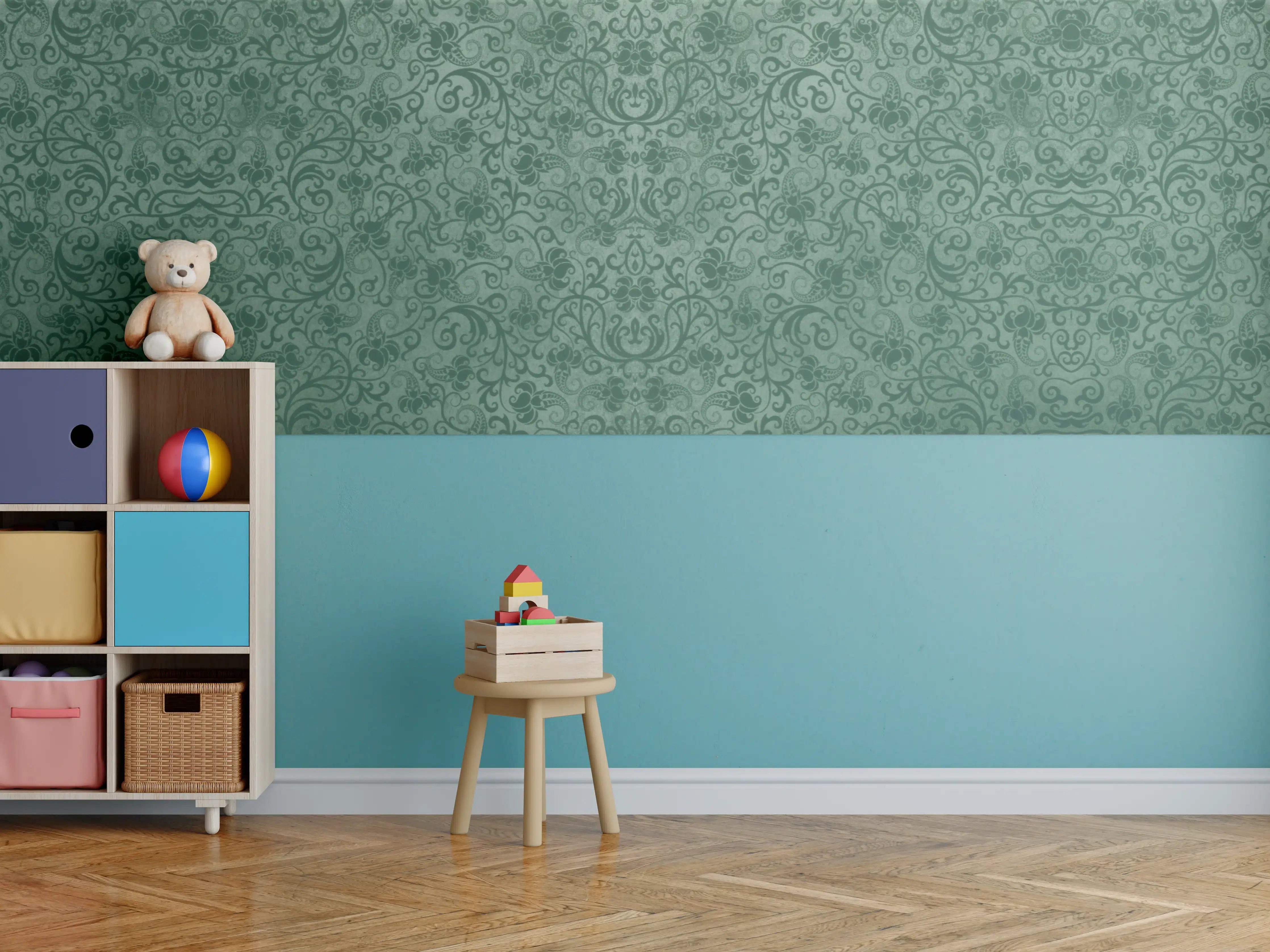 Kinderzimmer Wandgestaltung - Grünes Damast Muster