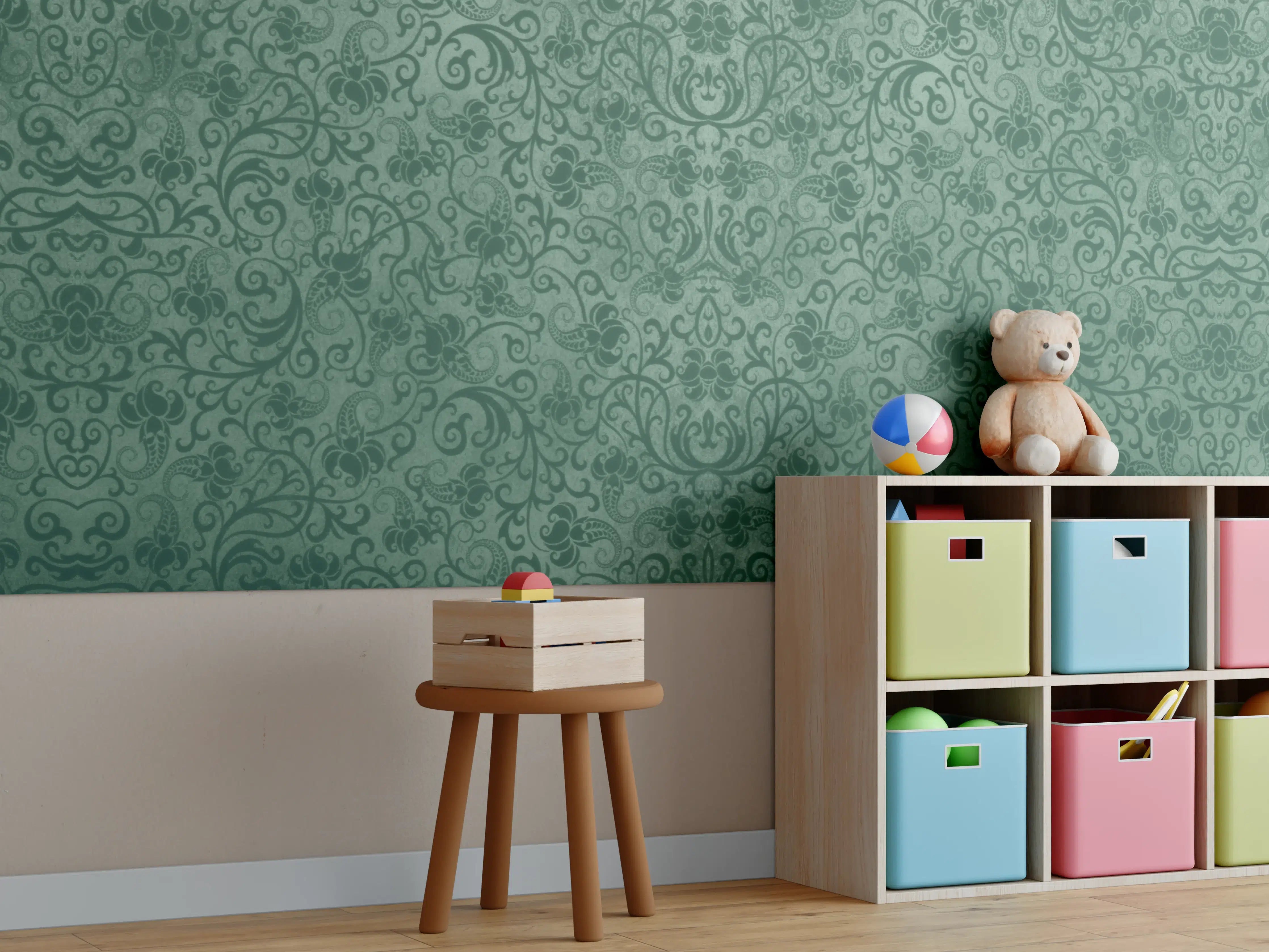 Kinderzimmer Wandgestaltung - Grünes Damast Muster
