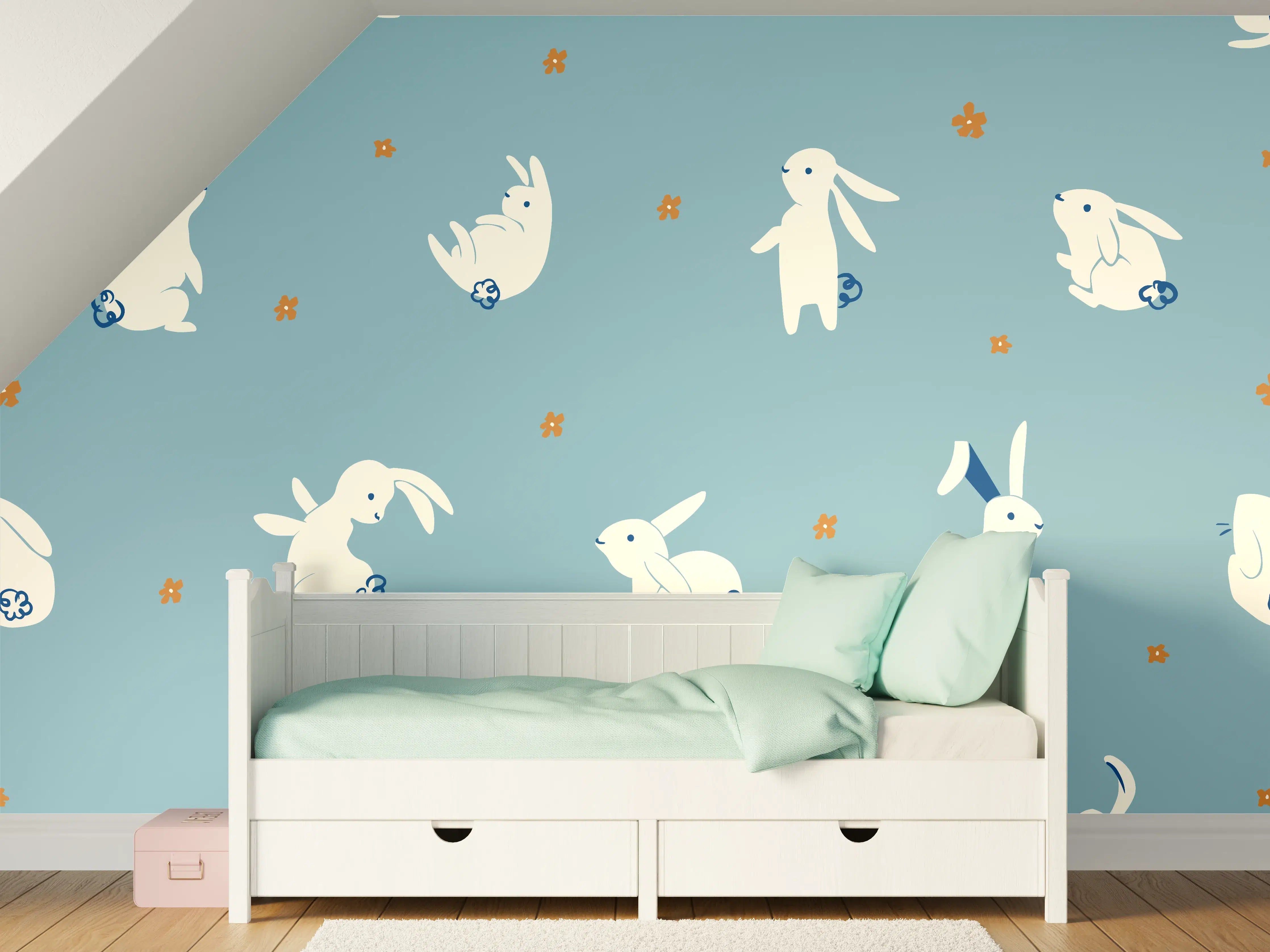 Kinderzimmer Wandgestaltung - Häschen Muster Blauer Stoff