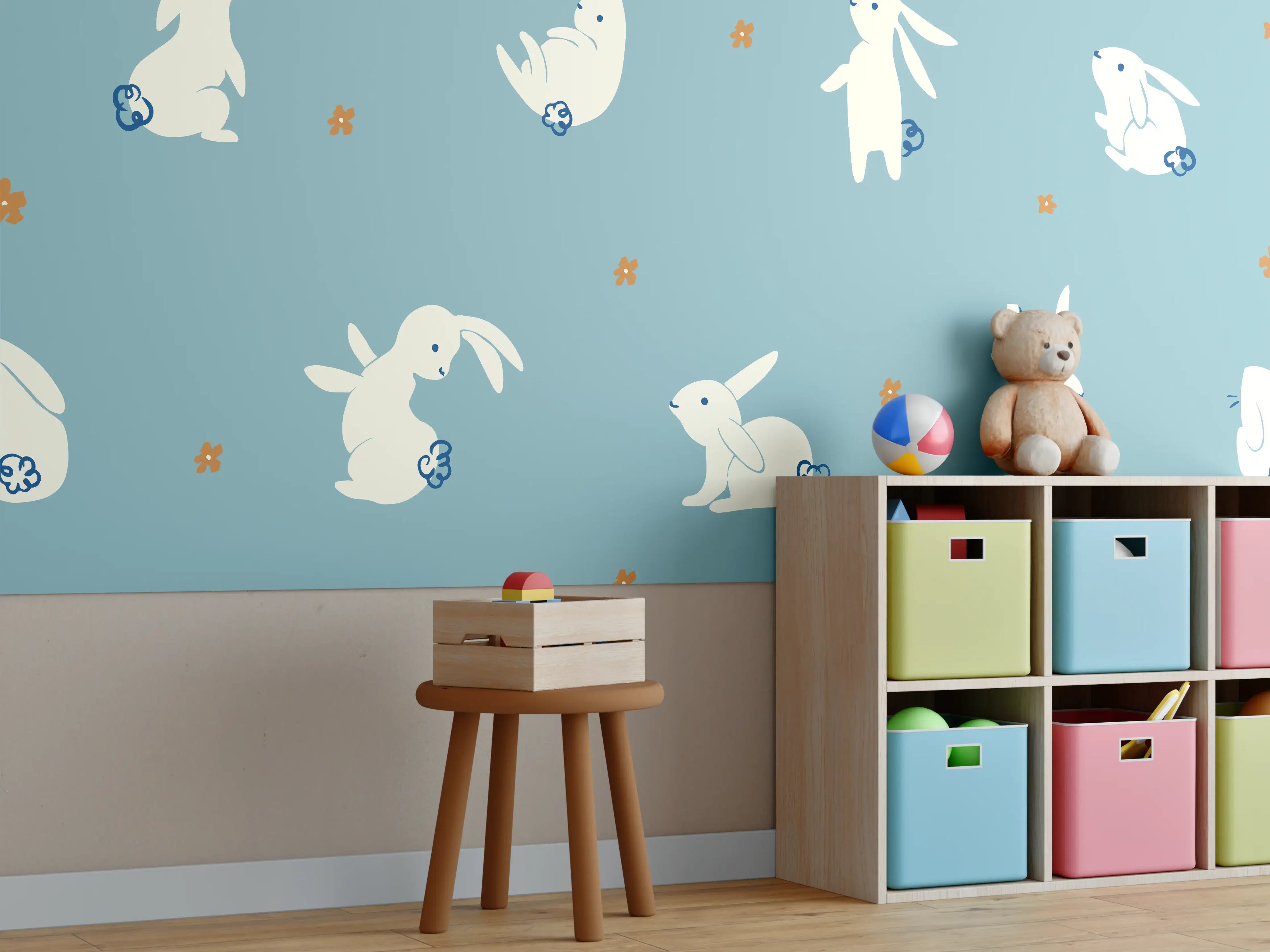 Kinderzimmer Wandgestaltung - Häschen Muster Blauer Stoff