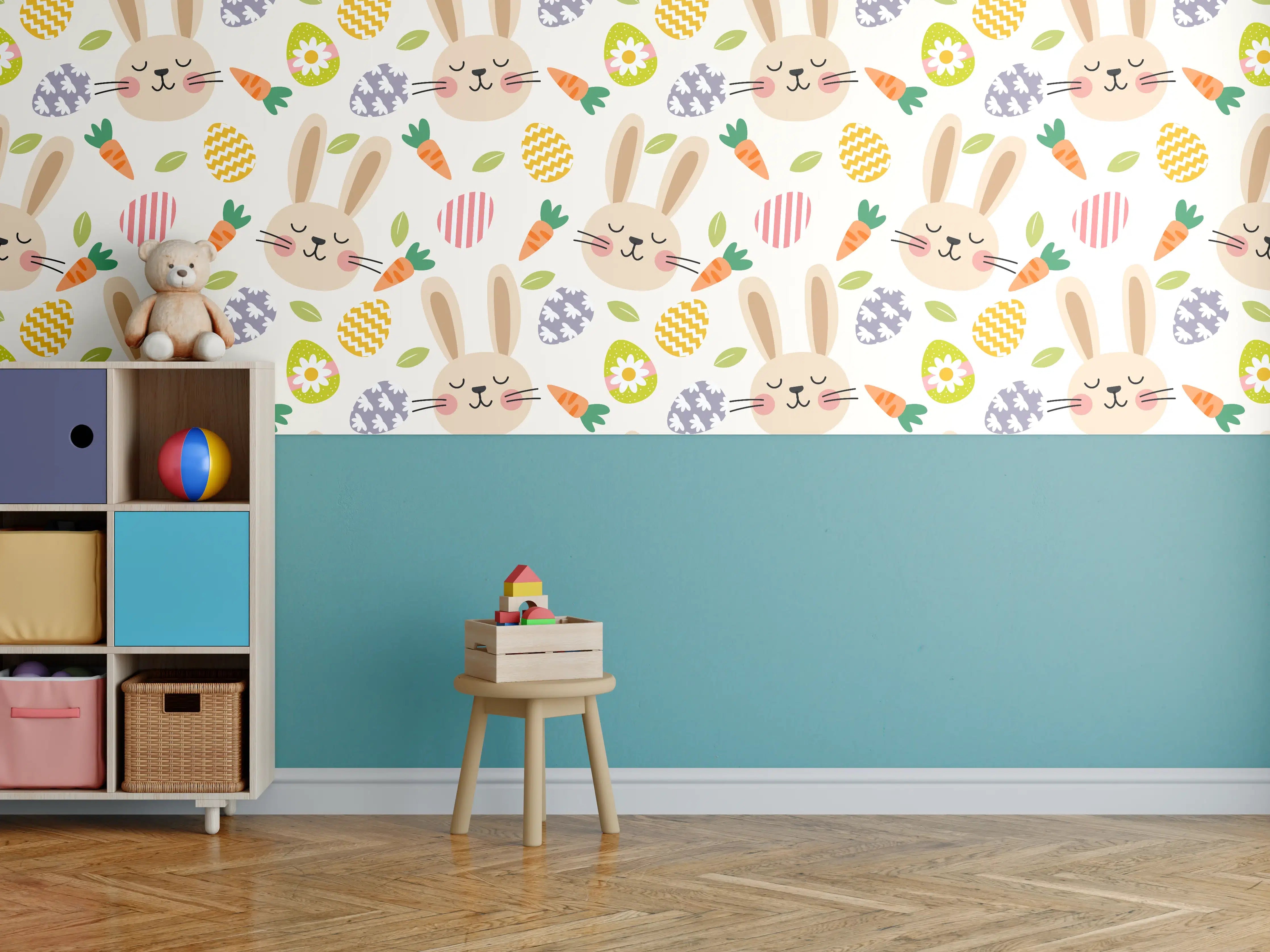 Kinderzimmer Wandgestaltung - Häschen mit bunten Eiern und Karotten