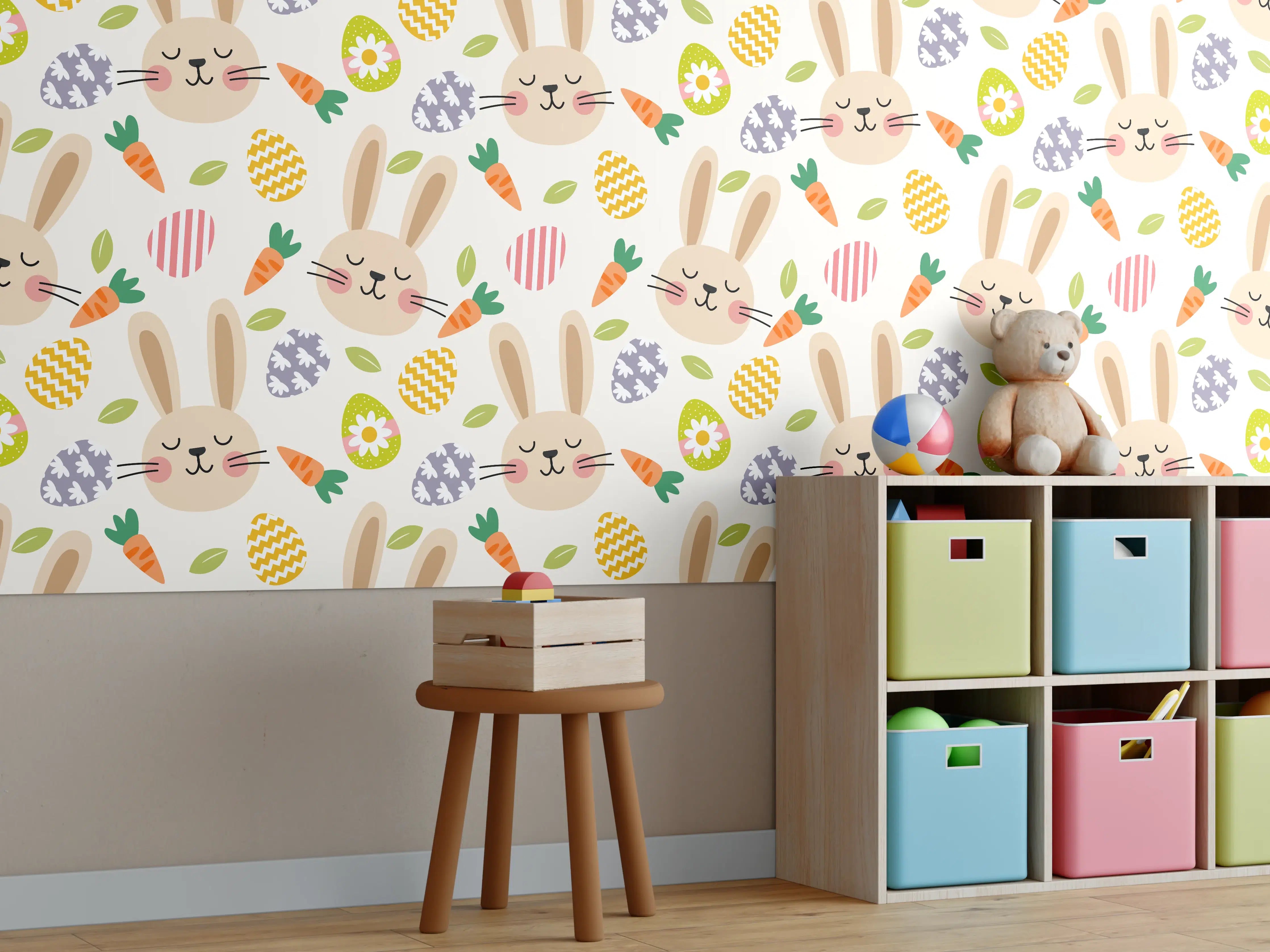 Kinderzimmer Wandgestaltung - Häschen mit bunten Eiern und Karotten