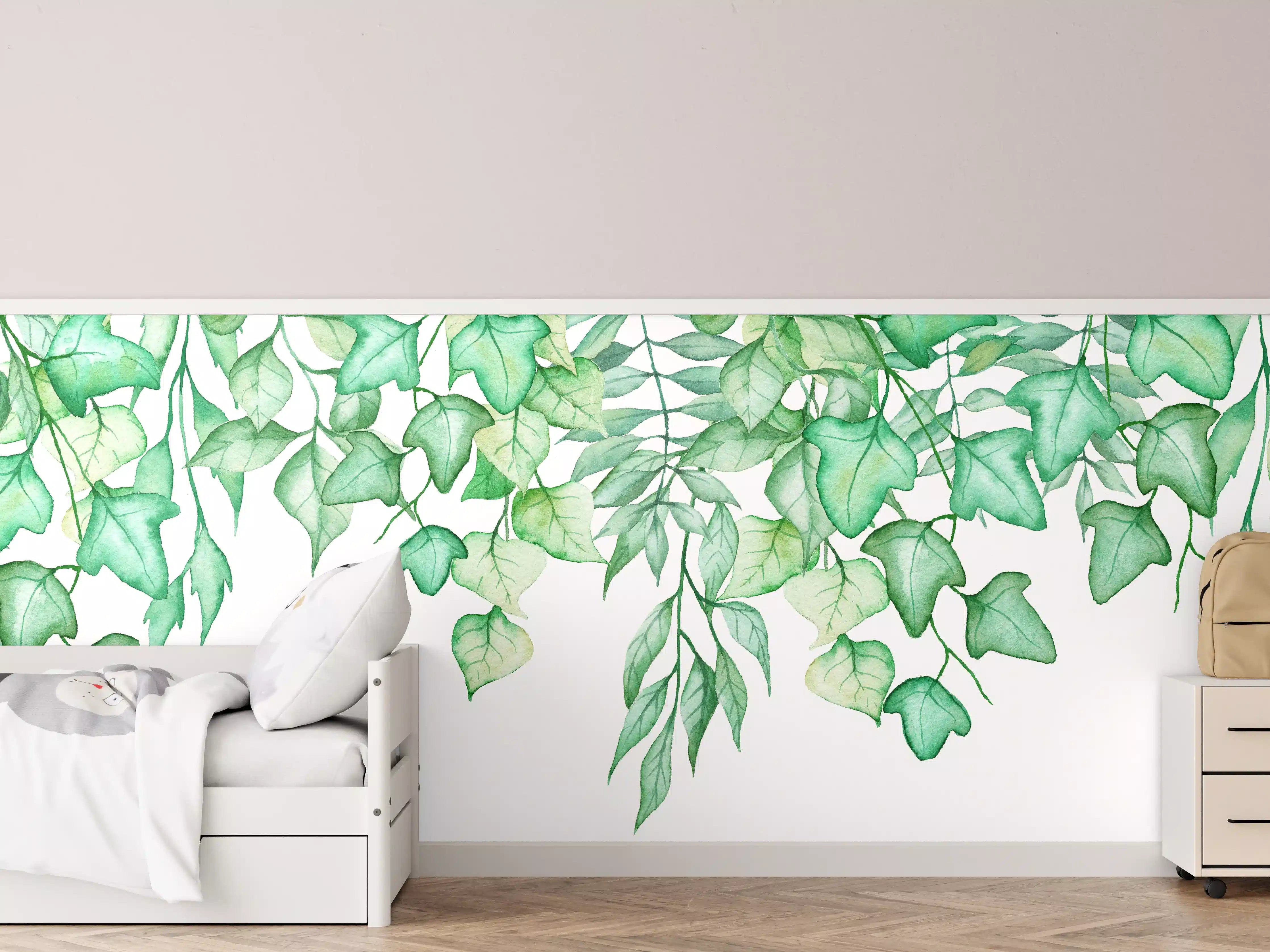Kinderzimmer Wandgestaltung - Handgezeichneten Aquarellblättern und Efeu