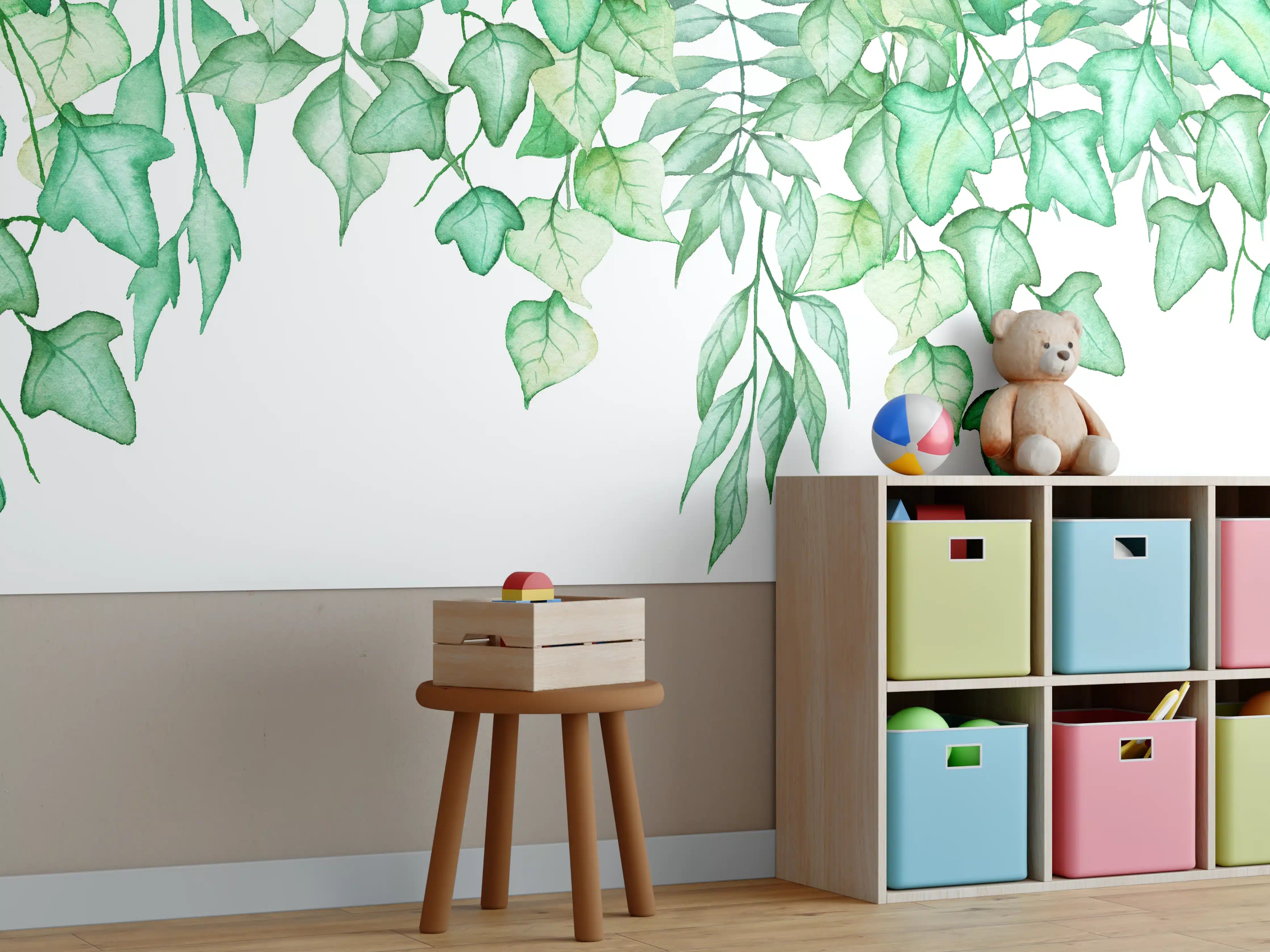 Kinderzimmer Wandgestaltung - Handgezeichneten Aquarellblättern und Efeu