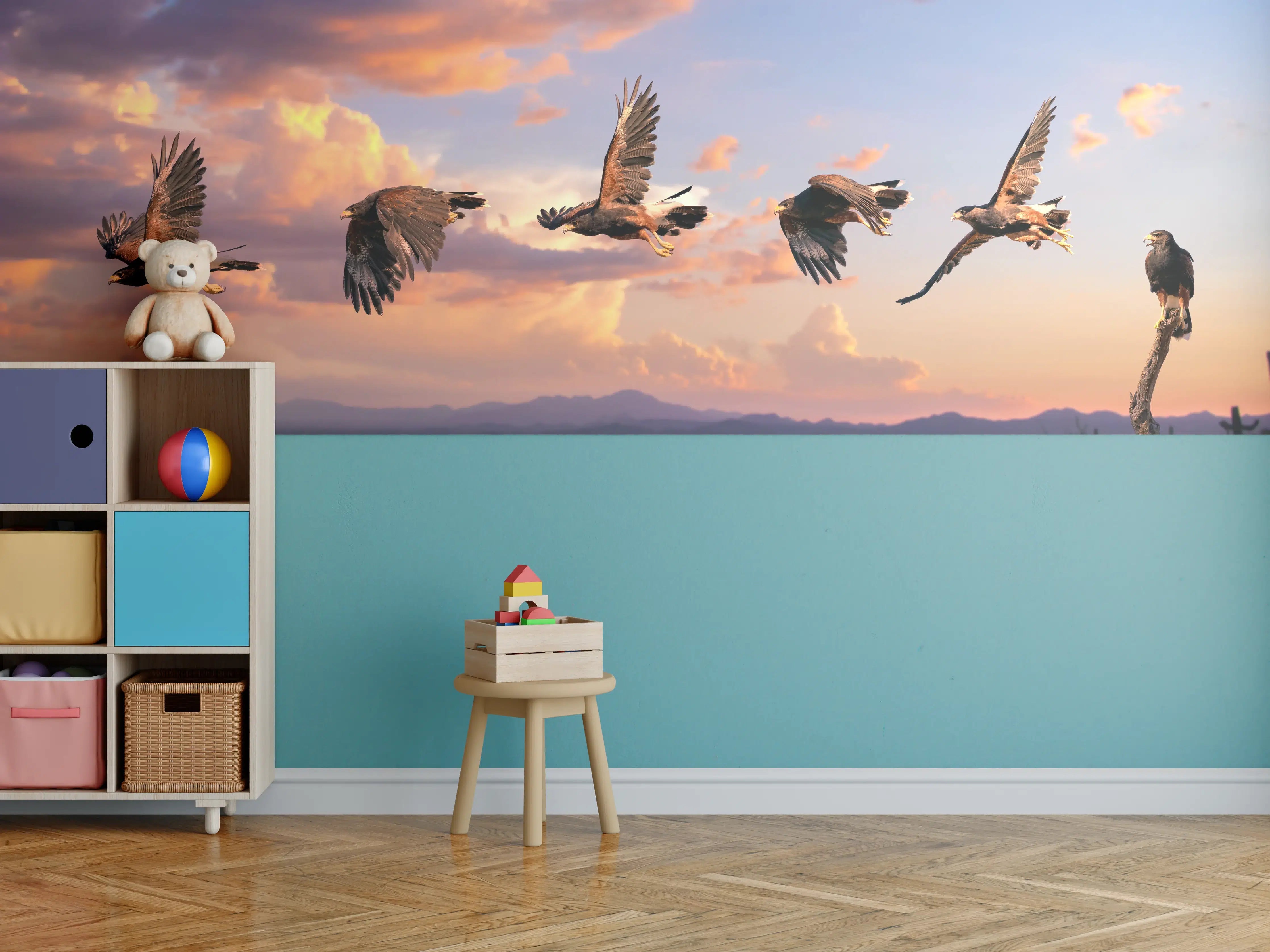Kinderzimmer Wandgestaltung - Harris Hawk im Flug Blauhimmel