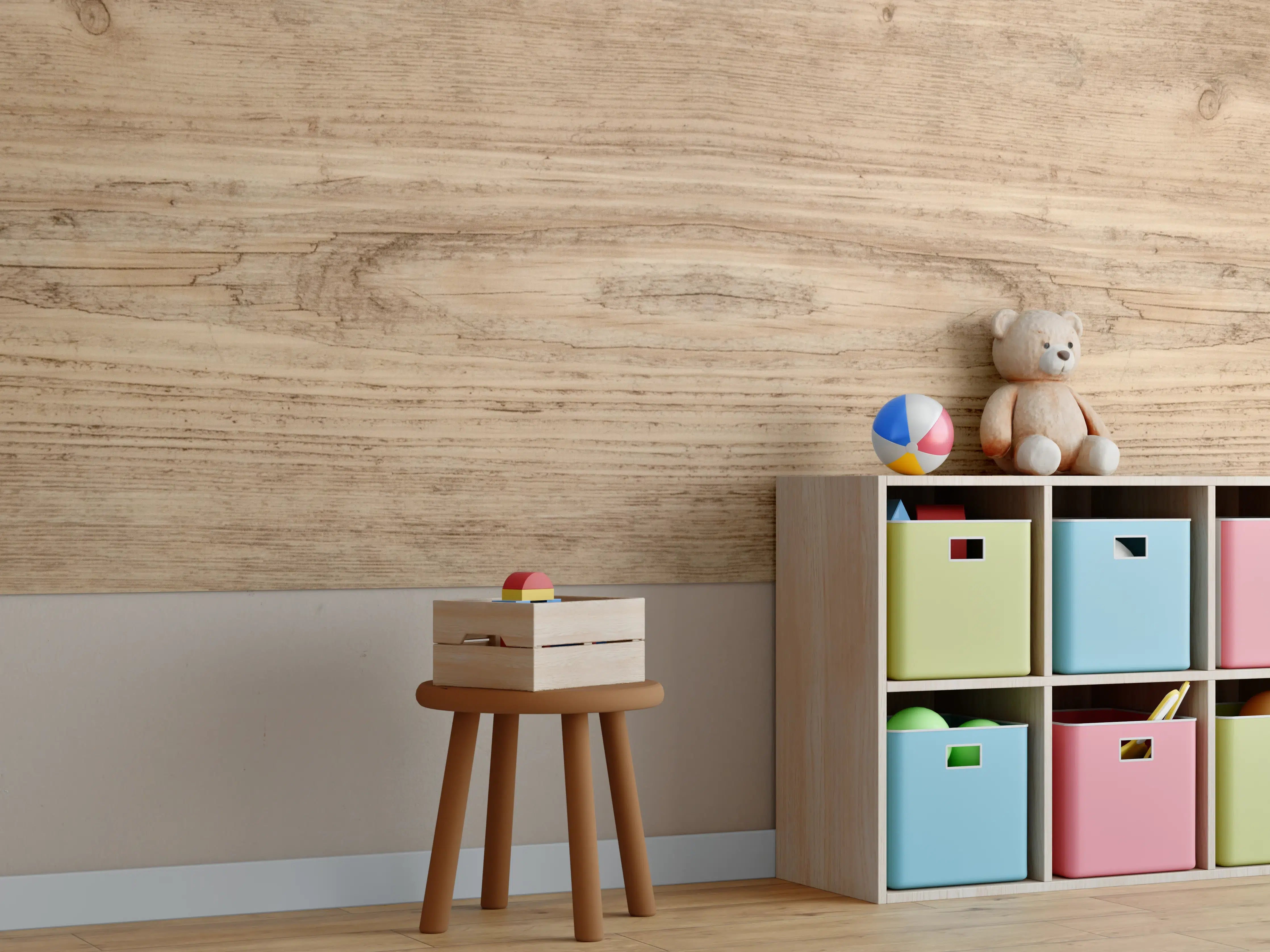Kinderzimmer Wandgestaltung - Hell-rustikale Holzplatte
