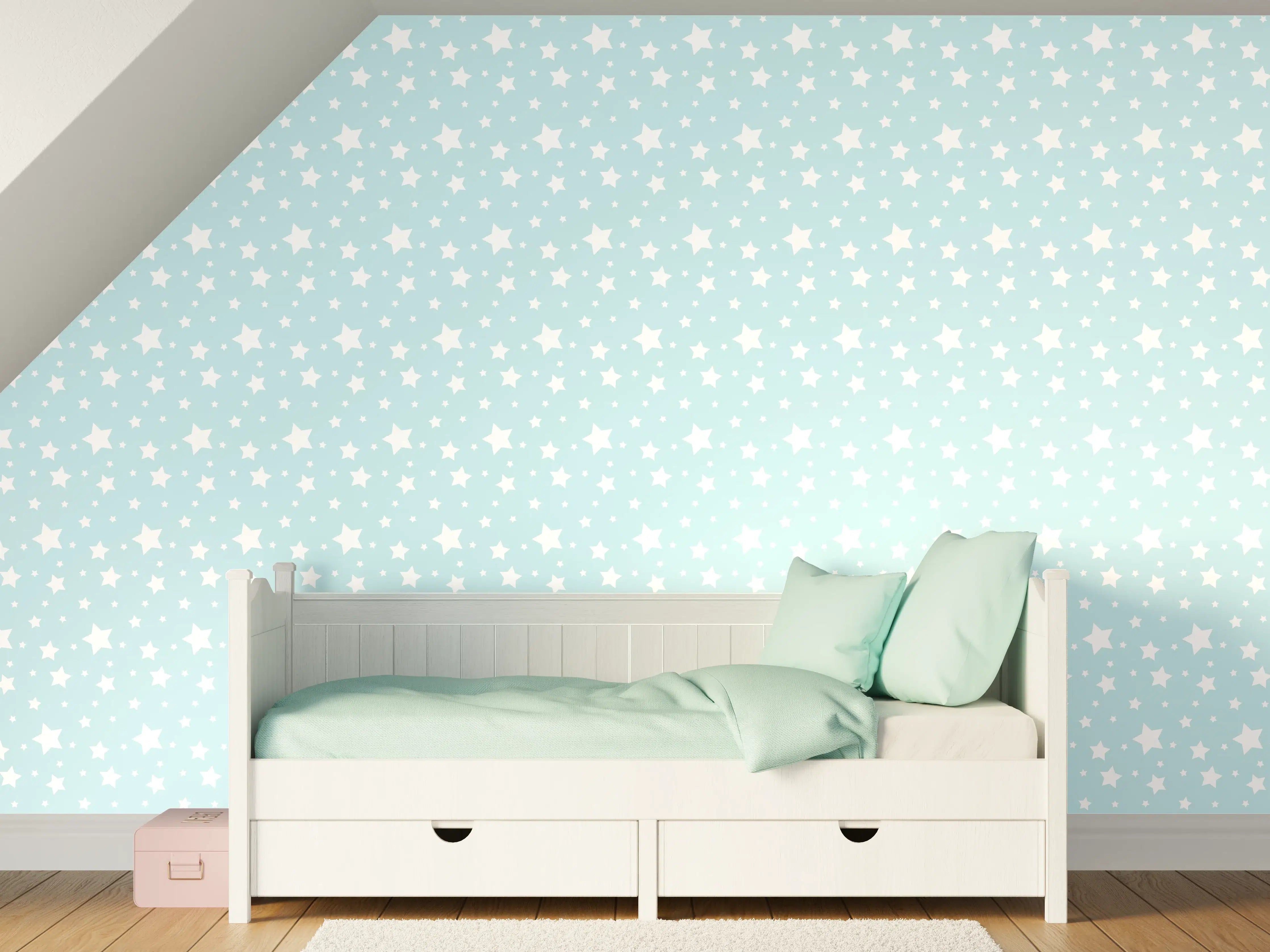 Kinderzimmer Wandgestaltung - Hellblaue Kinderzimmerwand mit Sternmustern