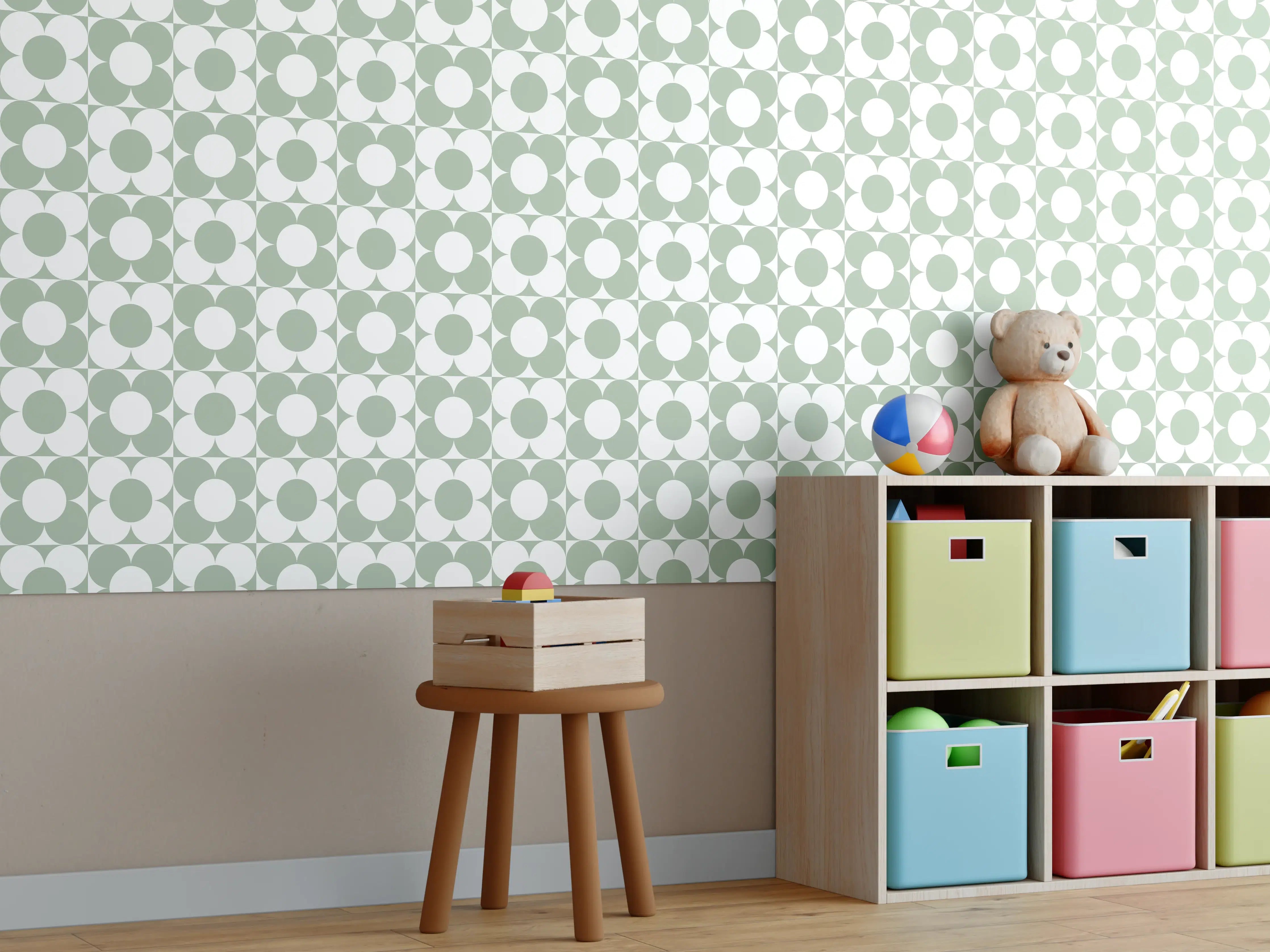 Kinderzimmer Wandgestaltung - Helle Blumenmuster mit zarten Graunuancen