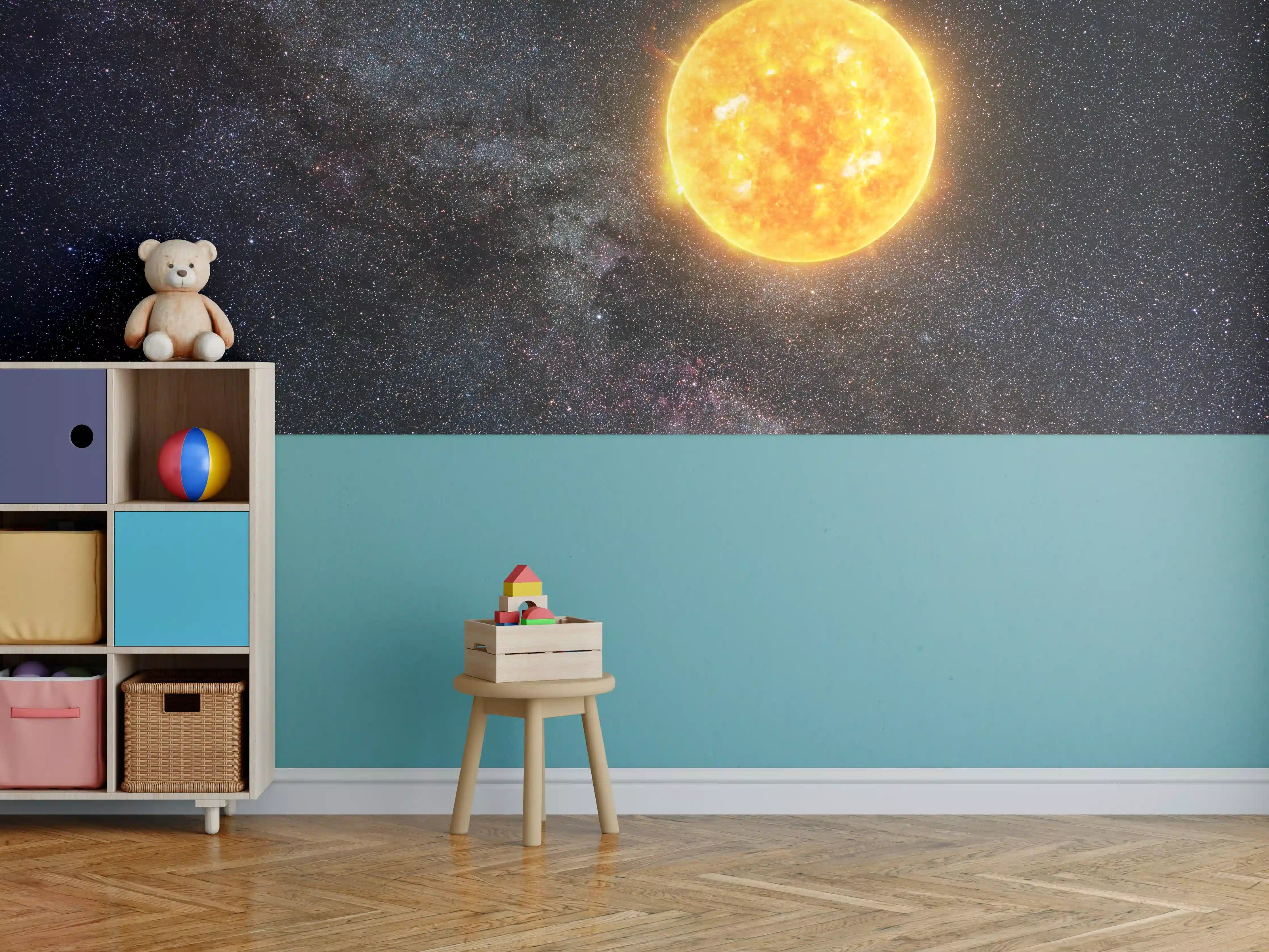 Kinderzimmer Wandgestaltung - Helle Sonne vor dunklem Sternenhimmel