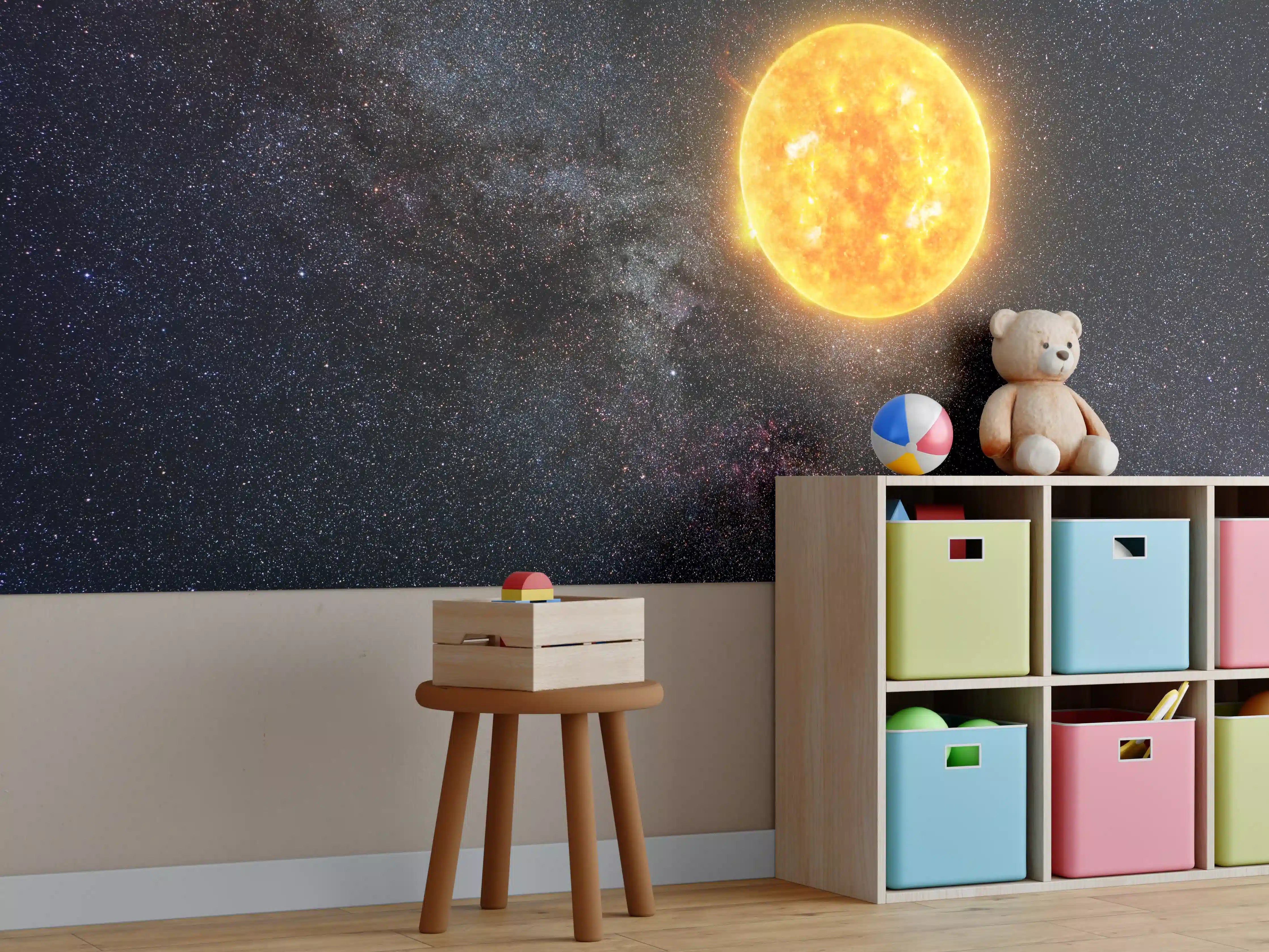 Kinderzimmer Wandgestaltung - Helle Sonne vor dunklem Sternenhimmel