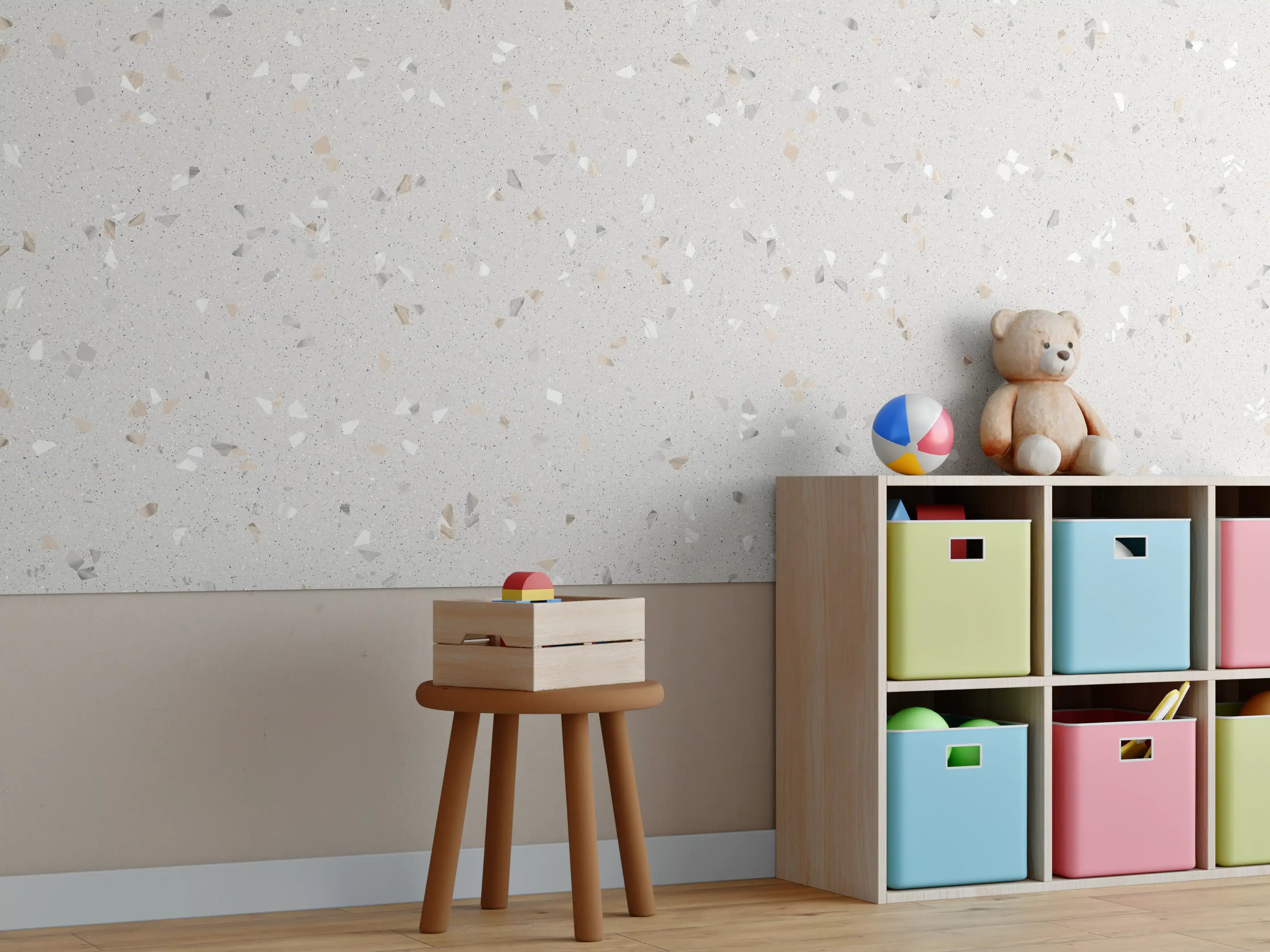Kinderzimmer Wandgestaltung - Helle Steinoptik mit beige und weißen Sprenkeln